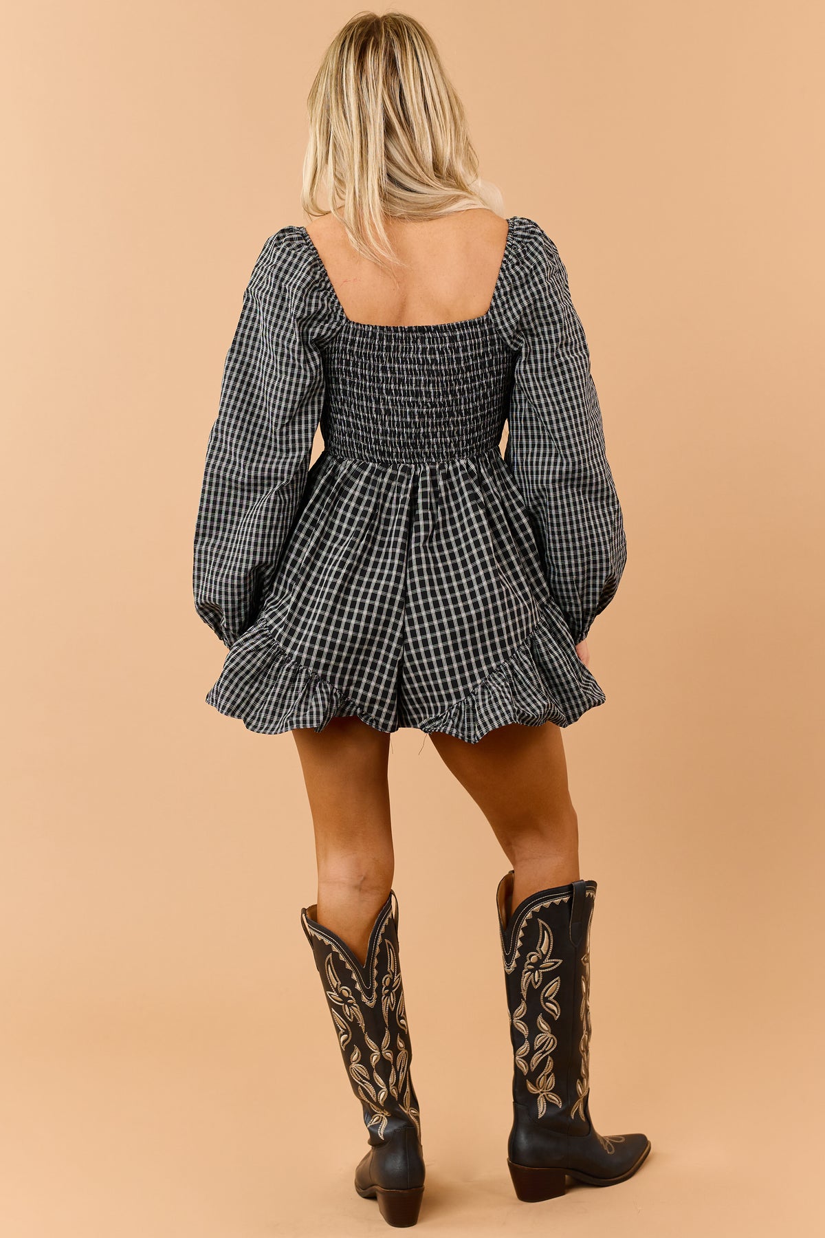 Promesa Black Plaid Front Bow Detail Romper