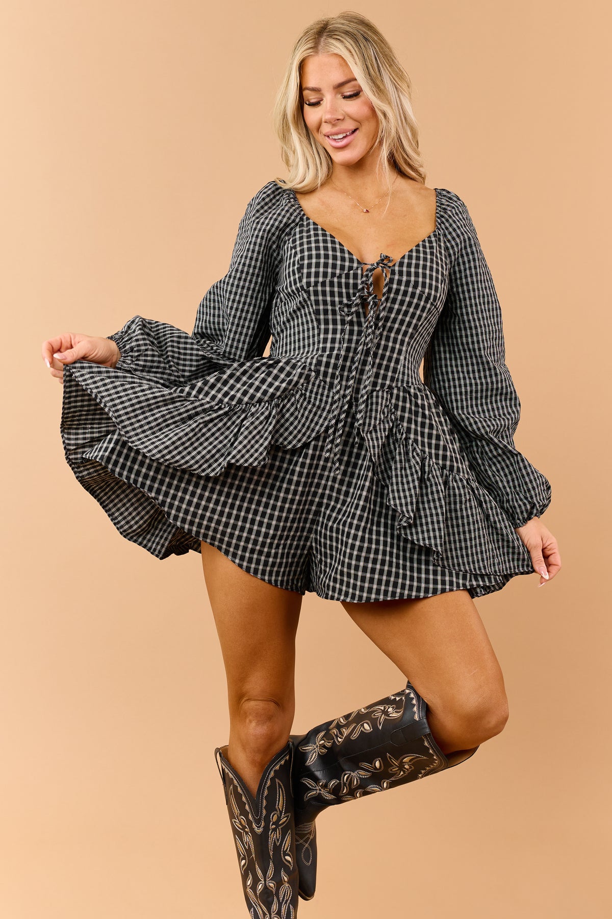 Promesa Black Plaid Front Bow Detail Romper