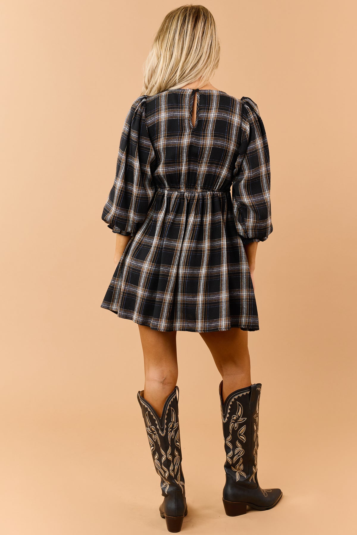Promesa Black Plaid Front Lace Contrast Mini Dress