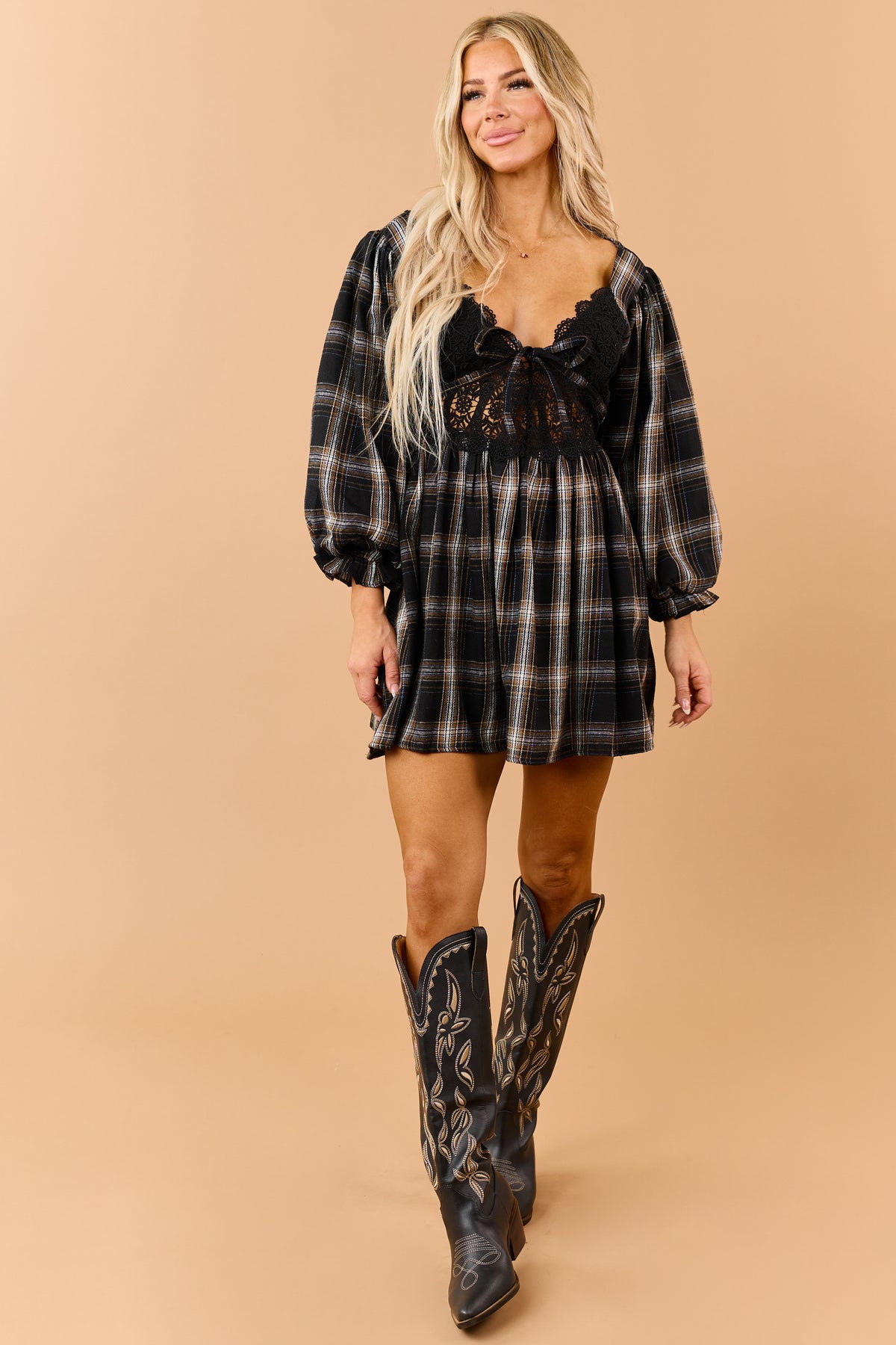 Promesa Black Plaid Front Lace Contrast Mini Dress