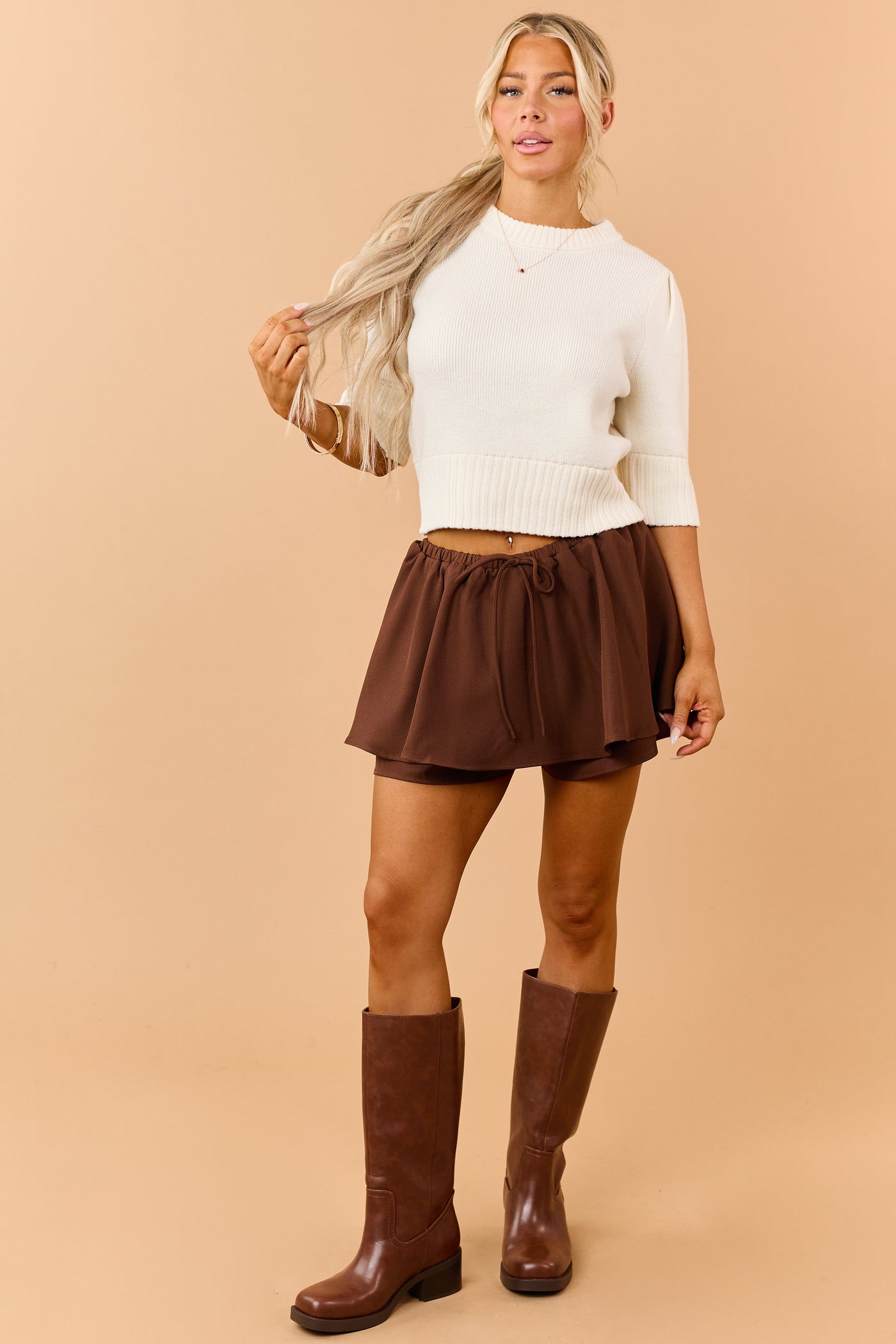 Promesa Cocoa Elastic Waist A-Line Mini Skort