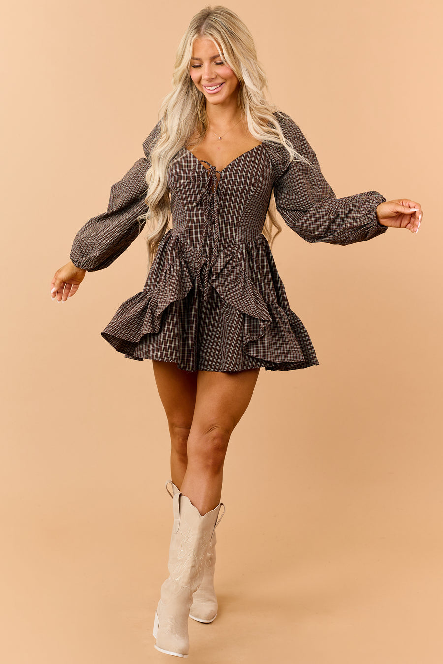 Promesa Cocoa Plaid Front Bow Detail Romper