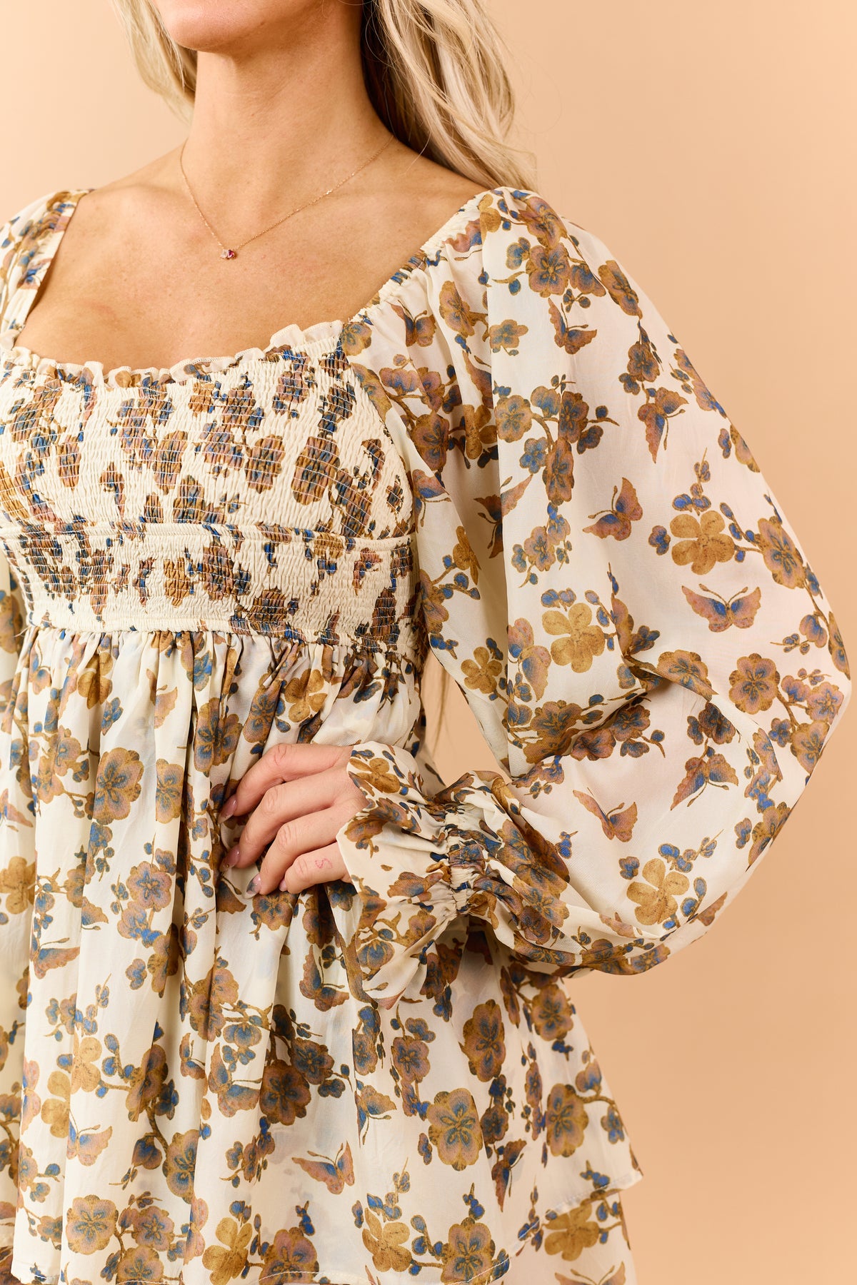 Promesa Cream Floral Smocked Bodice Dress Romper