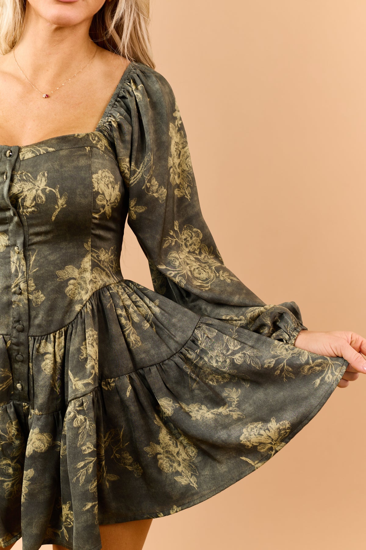 Promesa Dark Olive Satin Floral Print Romper