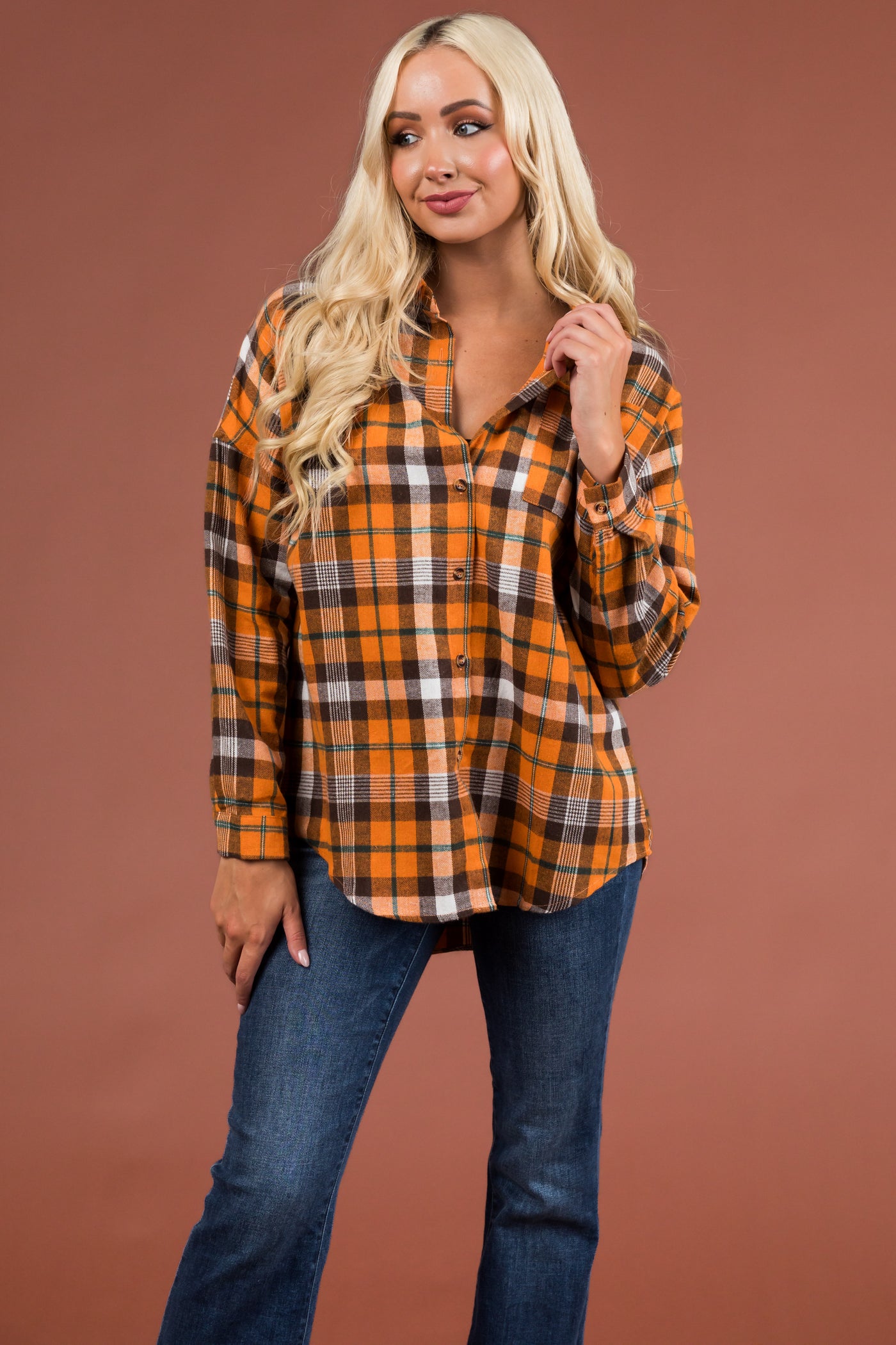 Pumpkin Plaid Drop Shoulder Button Up Shirt