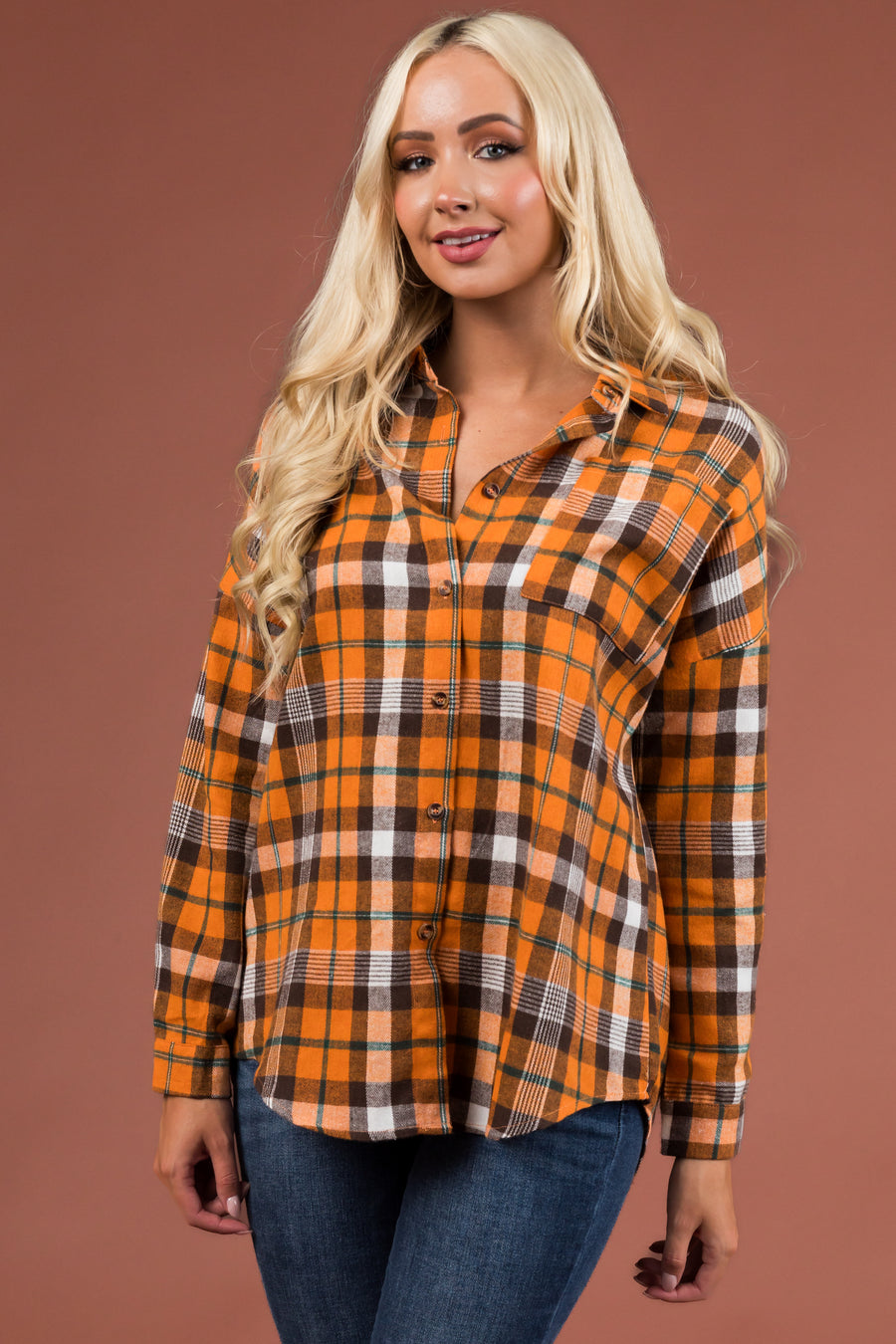 Pumpkin Plaid Drop Shoulder Button Up Shirt