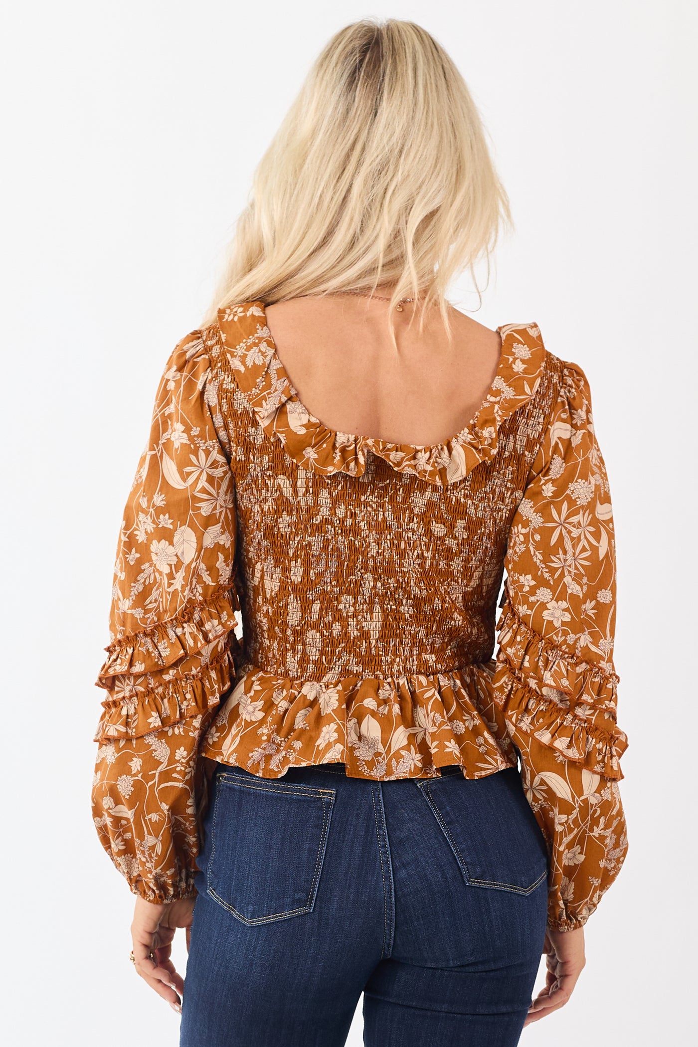 Pumpkin Spice Floral Smocked Peplum Cotton Blouse