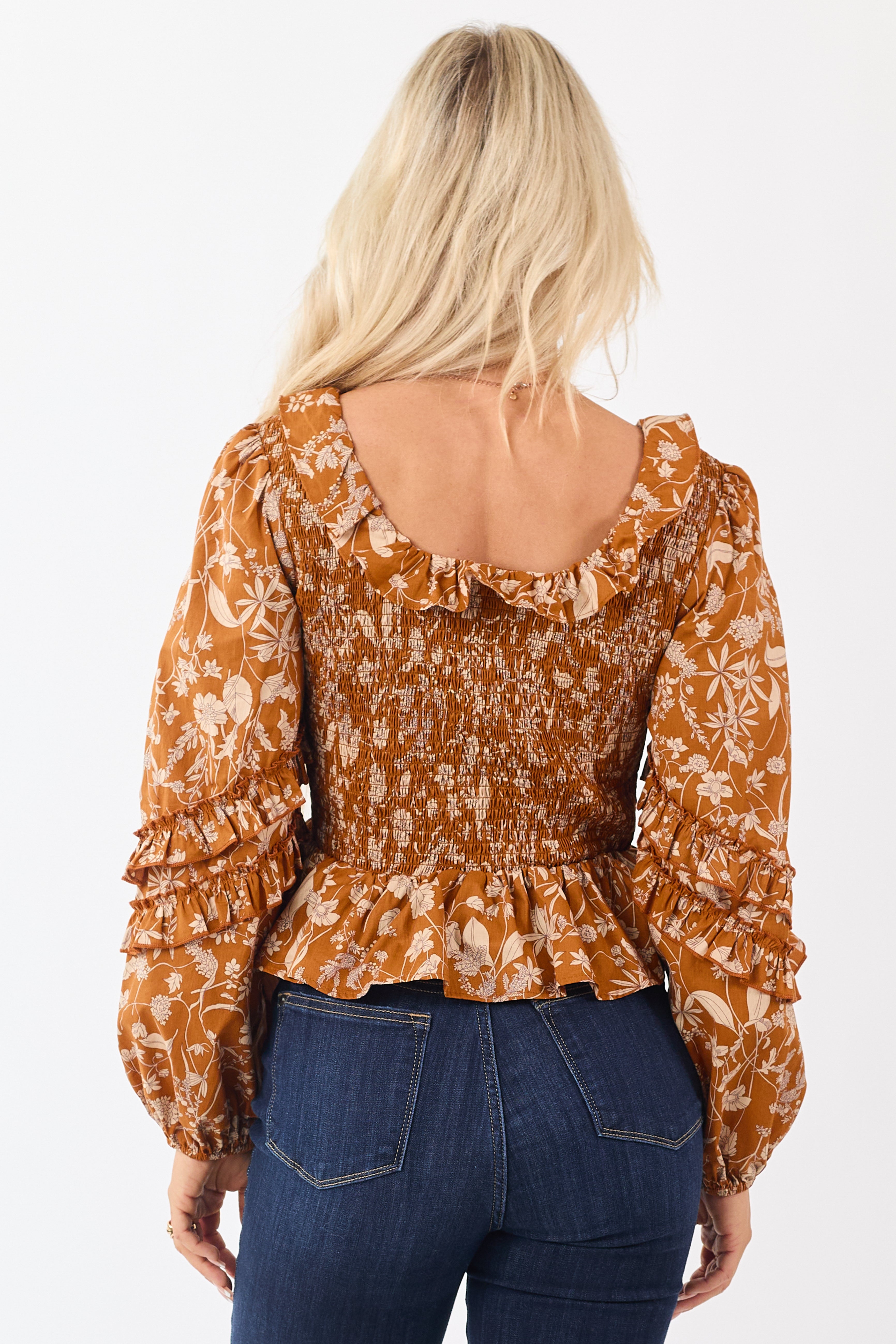 Pumpkin Spice Floral Smocked Peplum Cotton Blouse