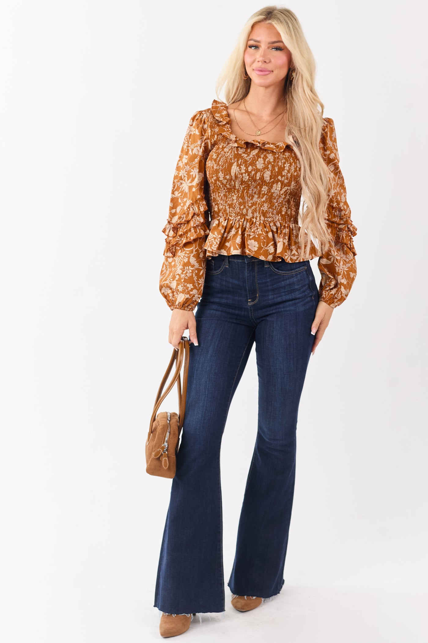 Pumpkin Spice Floral Smocked Peplum Cotton Blouse
