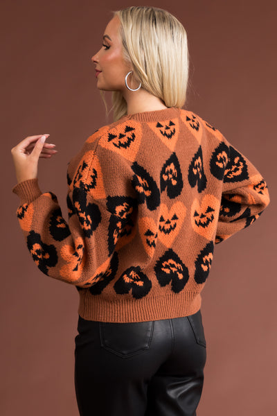 Pumpkin Spice Halloween Heart Print Knit Sweater