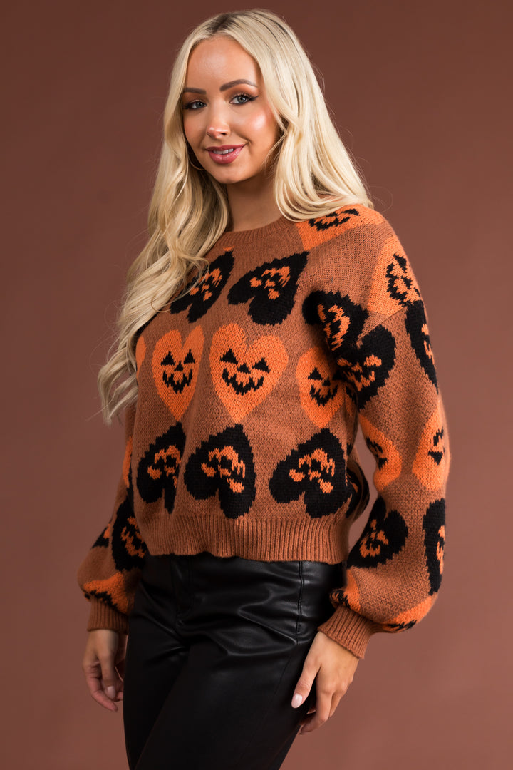 Pumpkin Spice Halloween Heart Print Knit Sweater