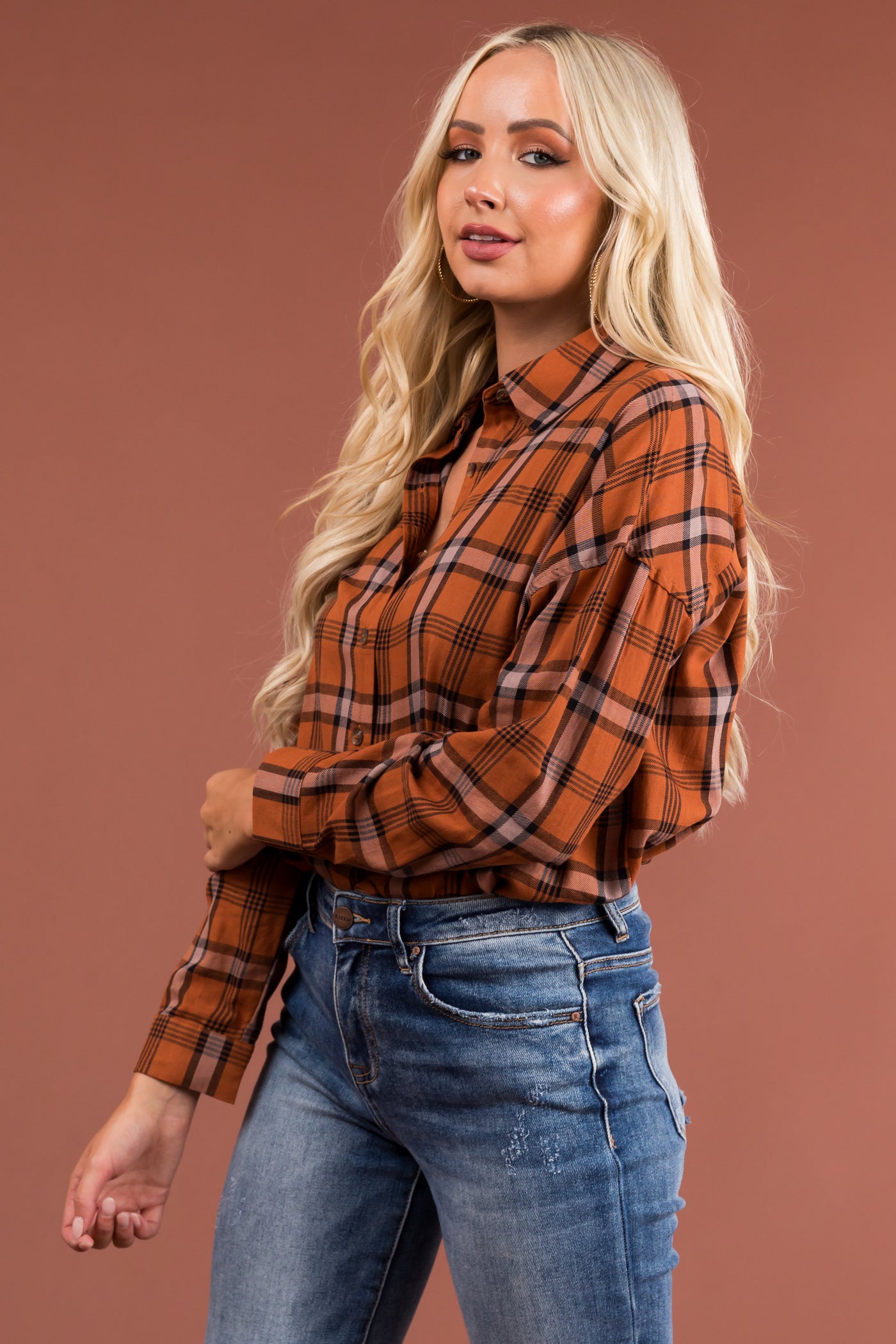 Pumpkin Spice Plaid Button Up Shirt