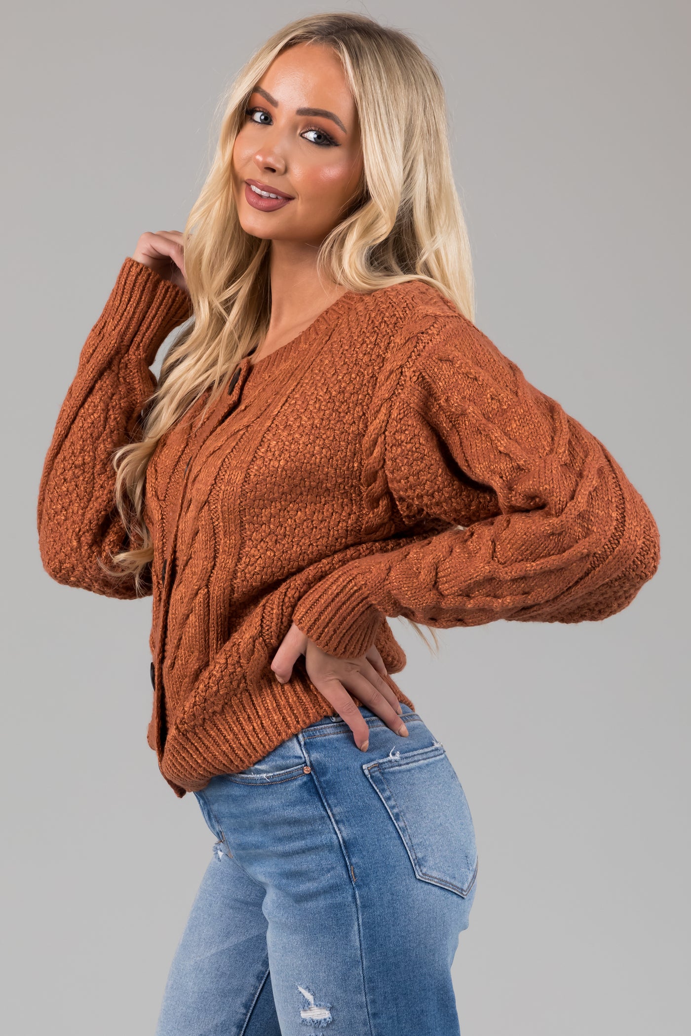 Pumpkin Spice Thick Cable Knit Button Cardigan
