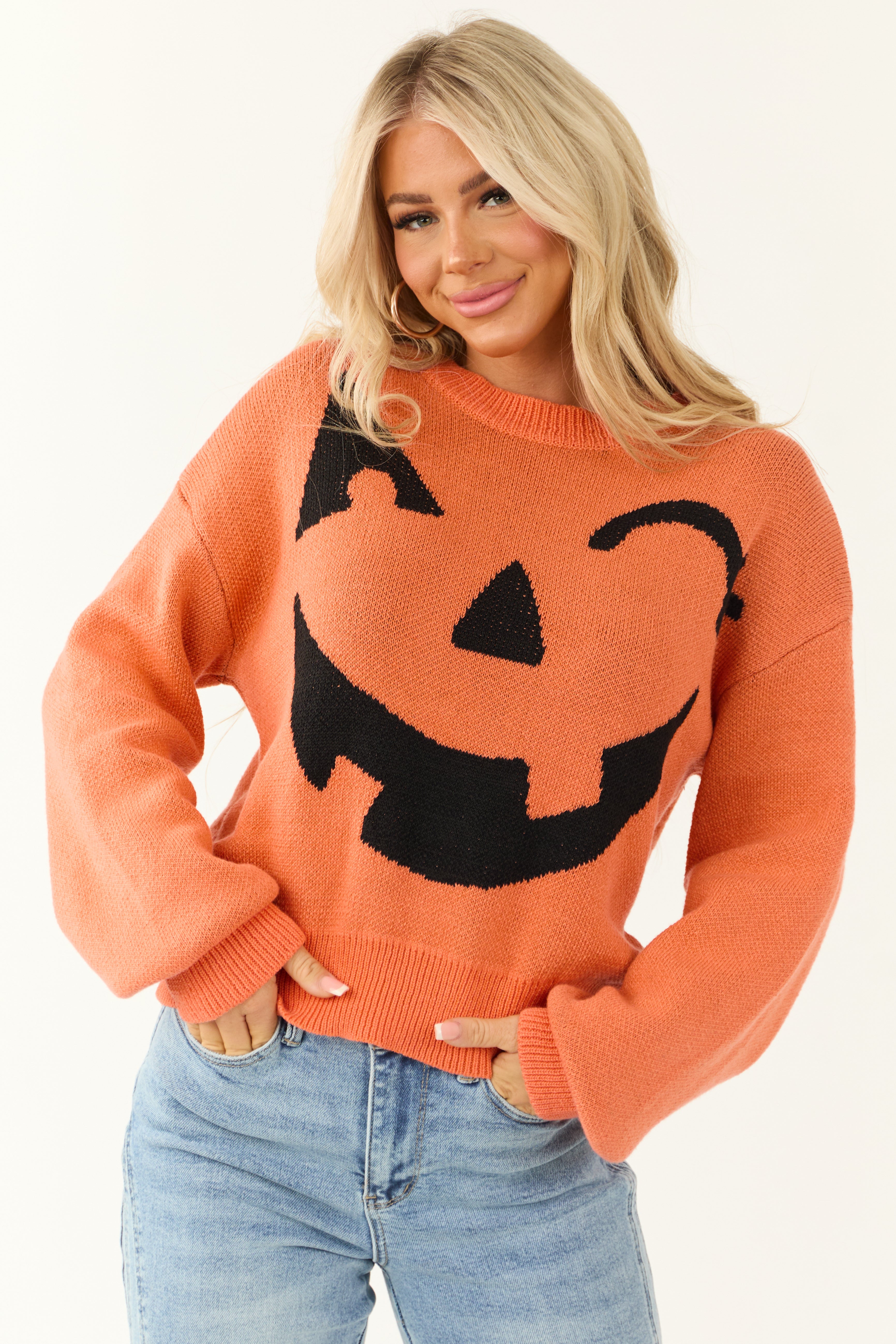 Pumpkin and Black Graphic Long Sleeve Sweater | Lime Lush Boutique