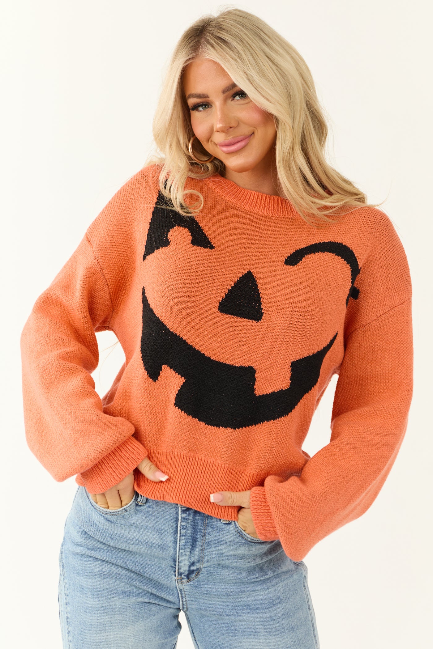Pumpkin and Black Graphic Long Sleeve Sweater Lime Lush Boutique