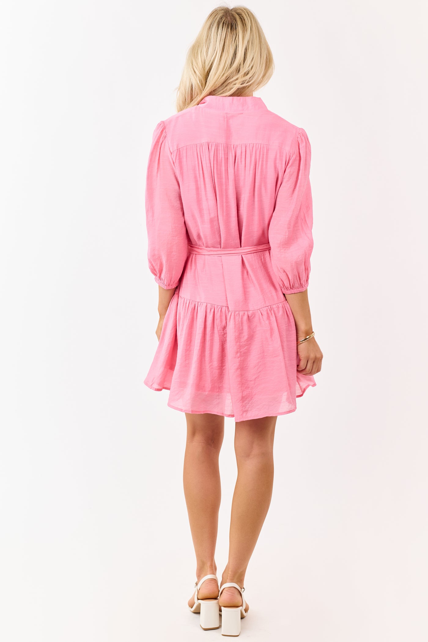 Punch Button Down High Collar Waist Tie Mini Dress