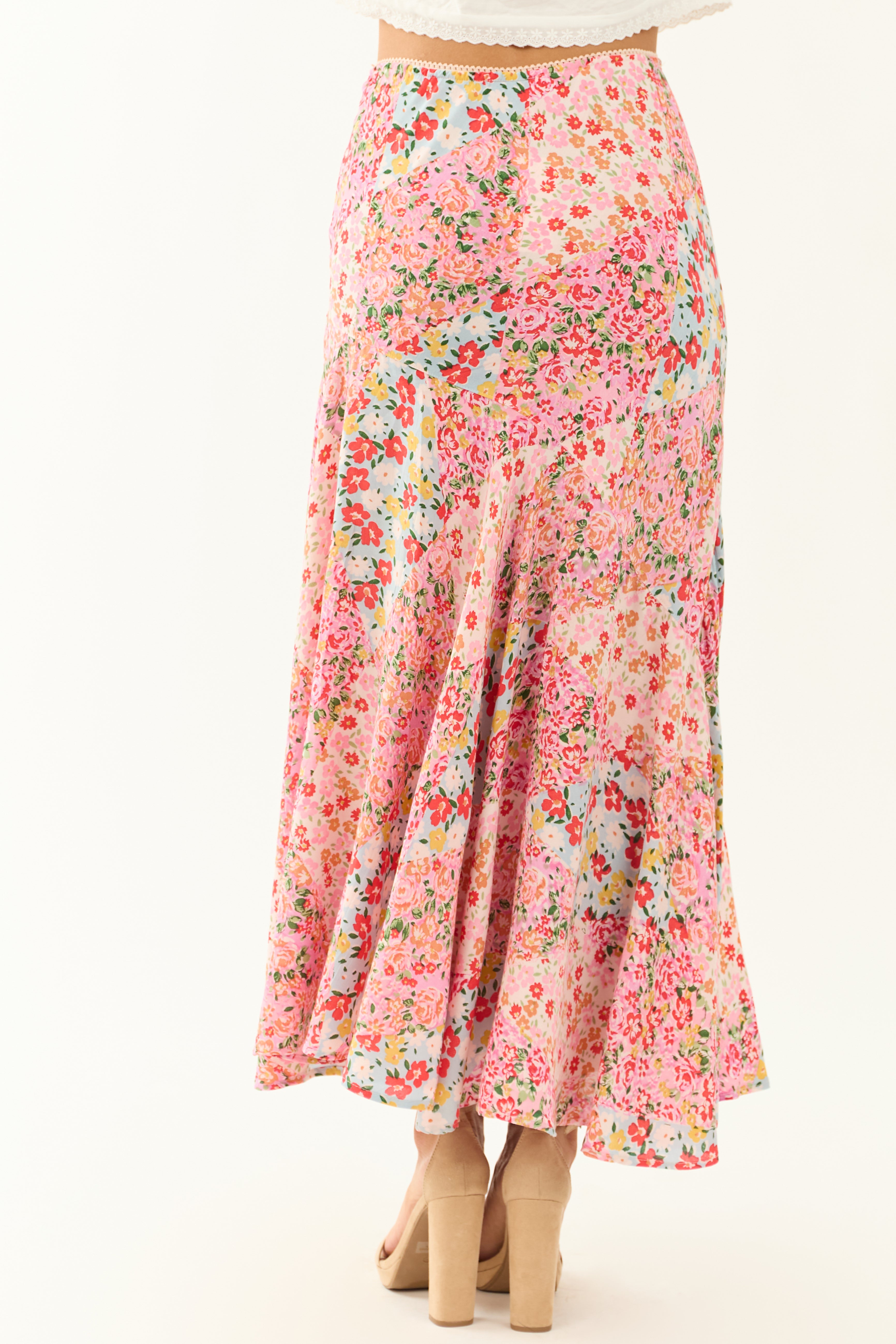 Punch Colorful Floral Print Flowy Midi Skirt