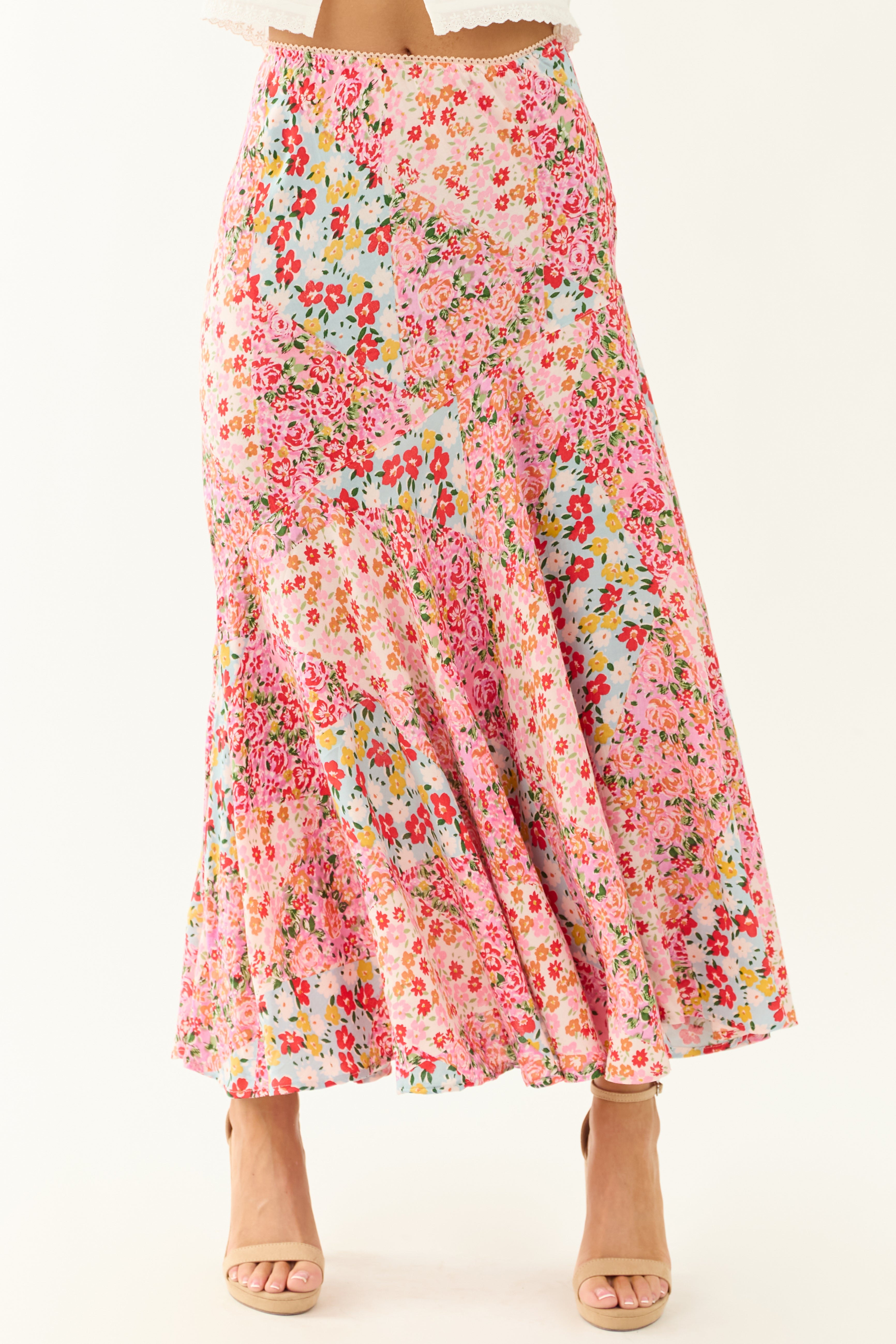 Punch Colorful Floral Print Flowy Midi Skirt