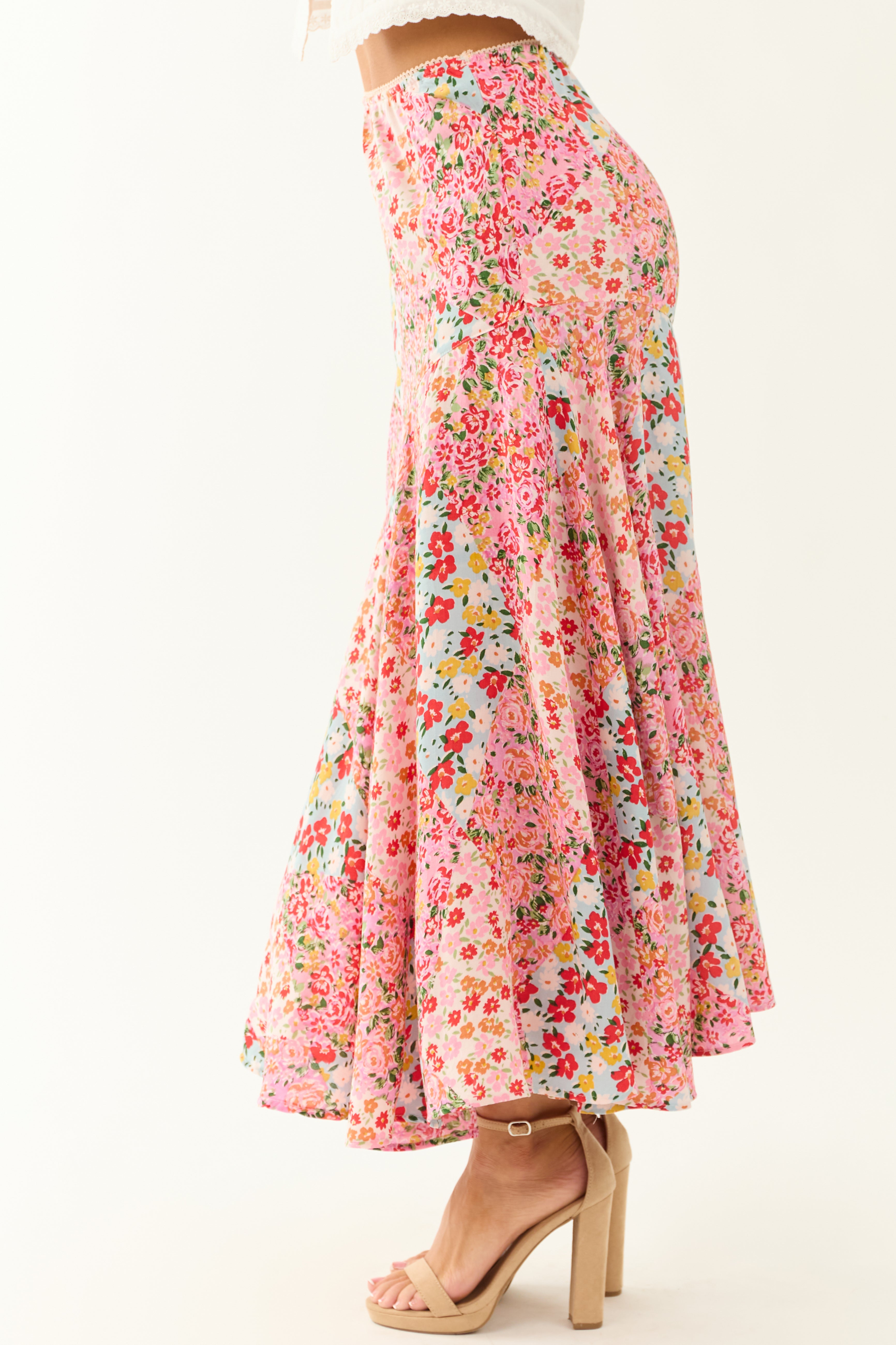 Punch Colorful Floral Print Flowy Midi Skirt