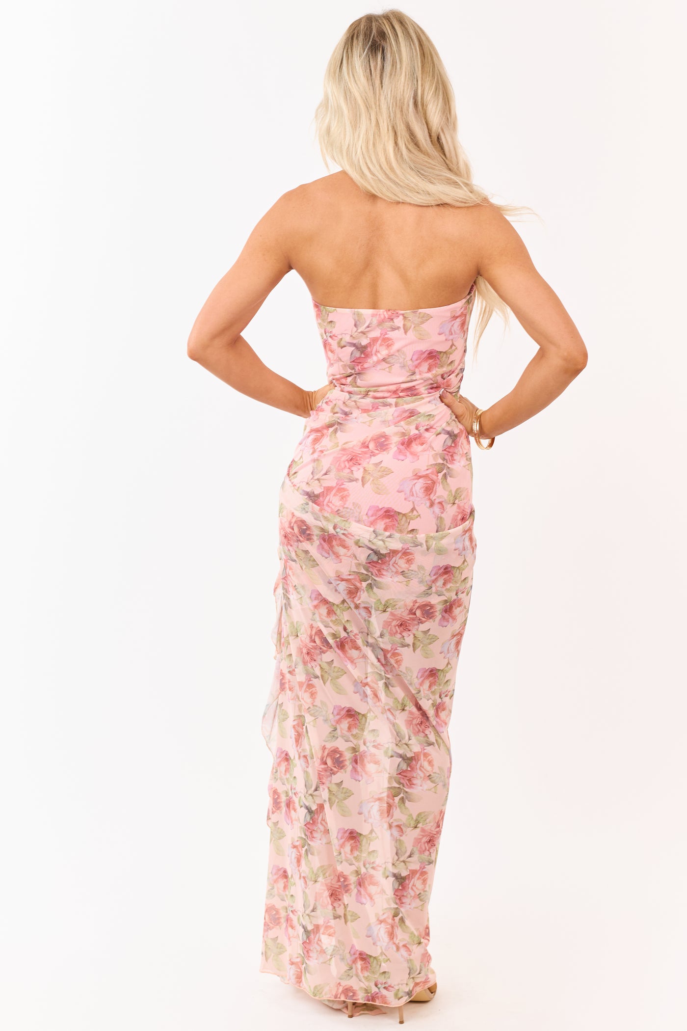 Punch Floral Print Mesh Ruffle Sash Mini Dress