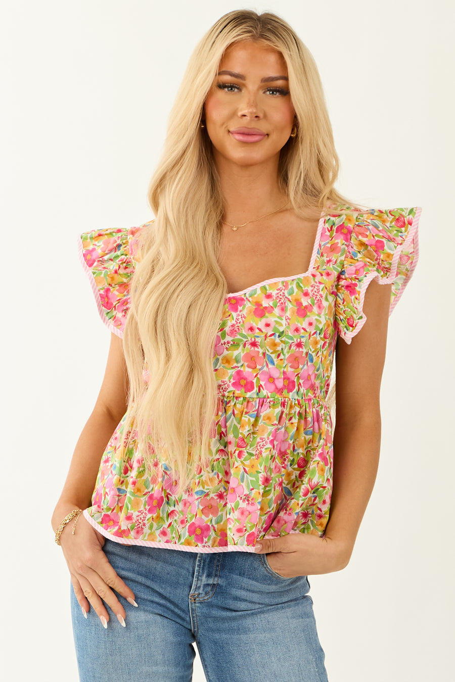 Punch Floral Print Sweetheart Neck Cap Sleeve Top