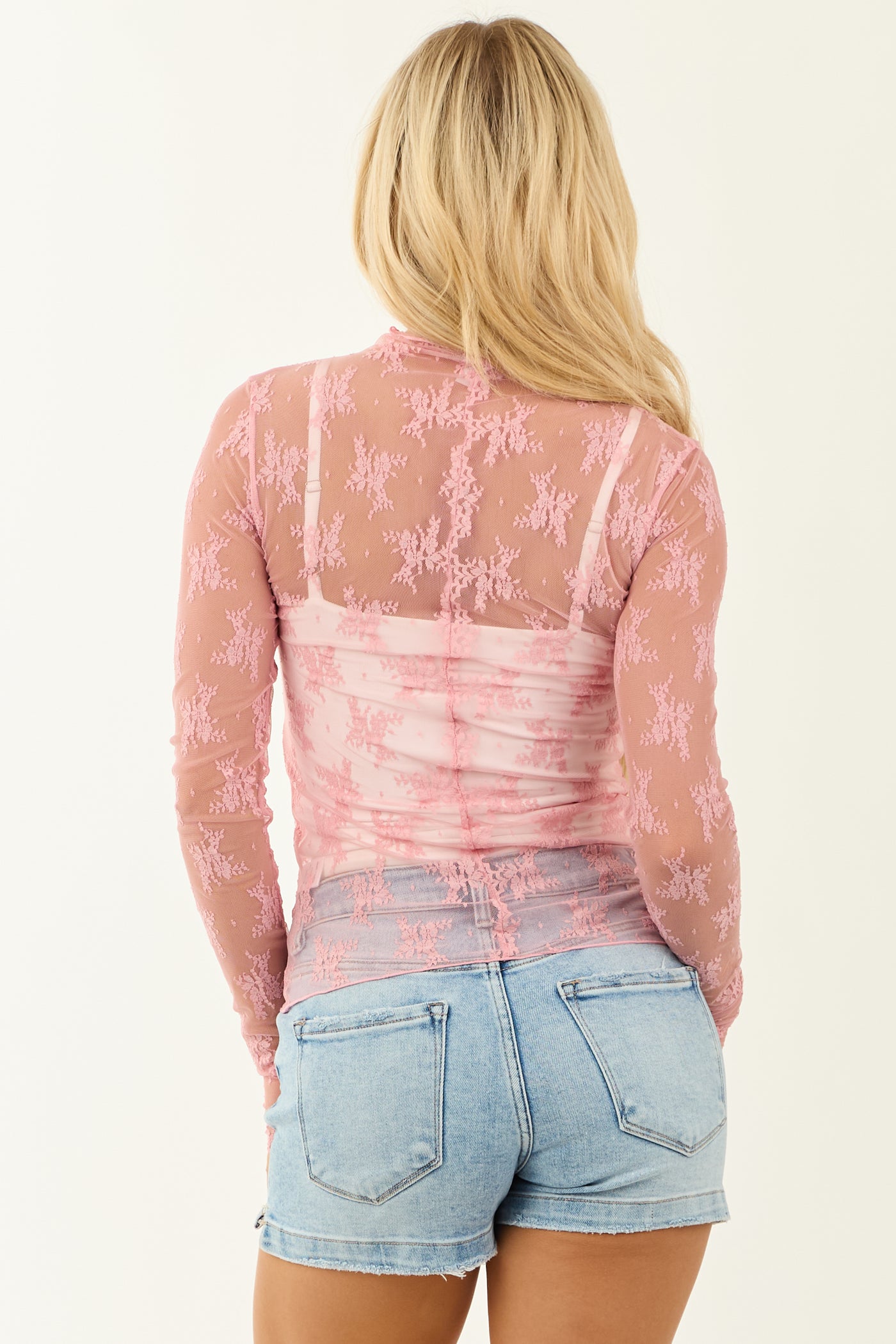 Punch Mesh Lace Mock Neck Long Sleeve Top