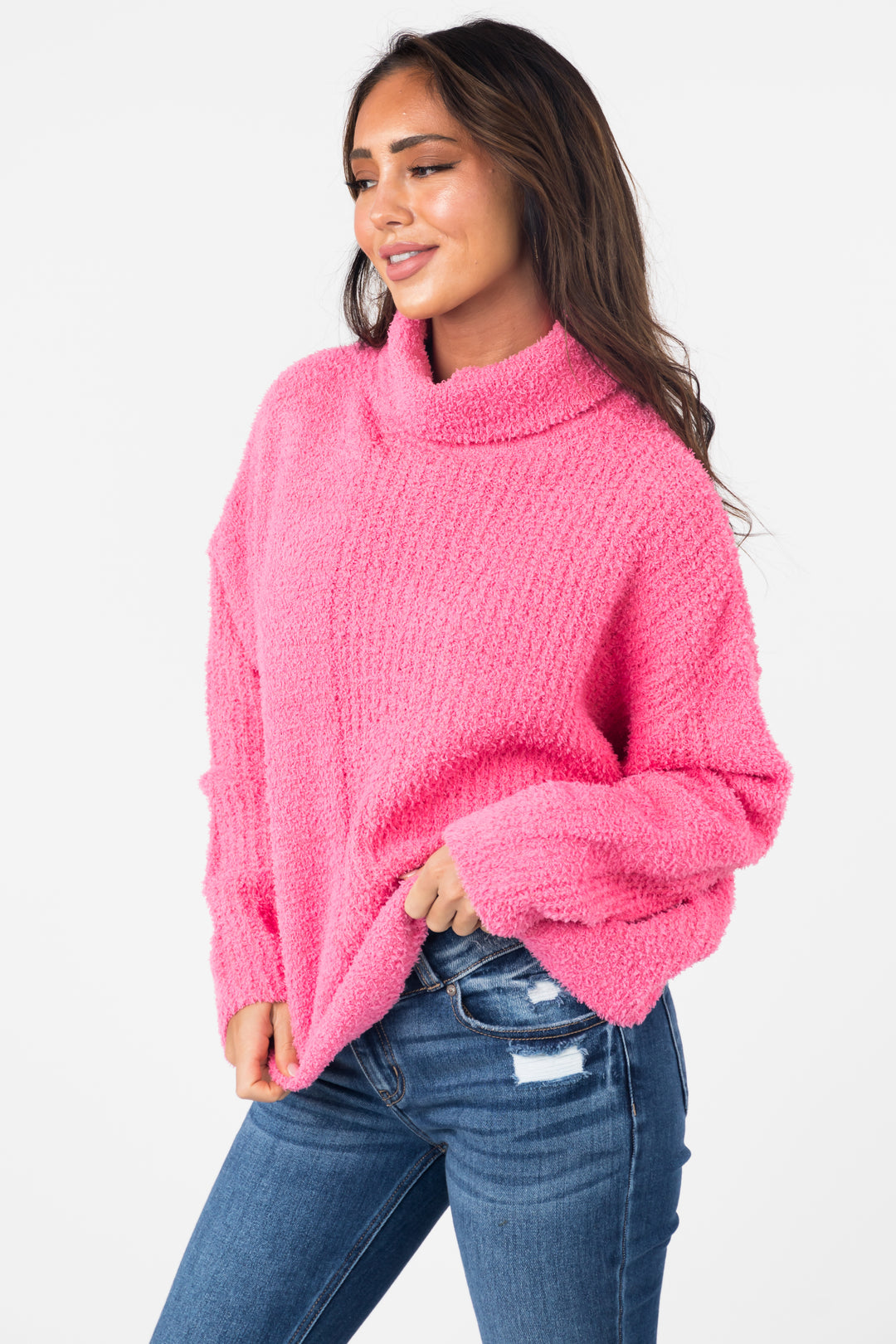She+Sky Punch Pink Textured Long Sleeve Turtleneck Sweater & Lime Lush