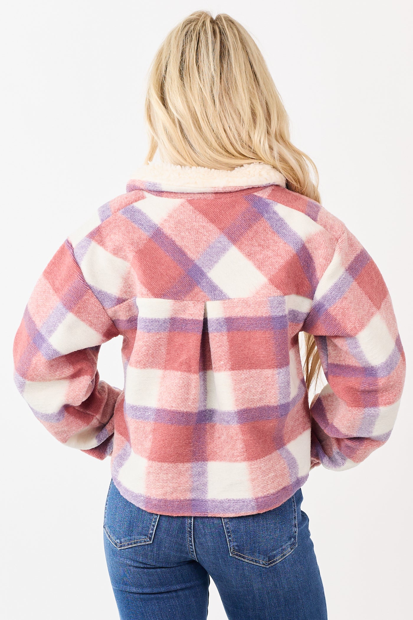 Punch Plaid Half Zip Up Collared Fleece Pullover