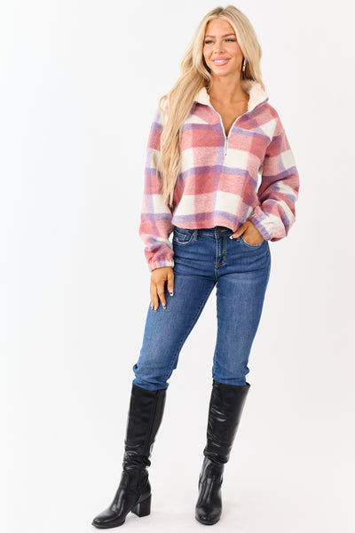Punch Plaid Half Zip Up Collared Fleece Pullover