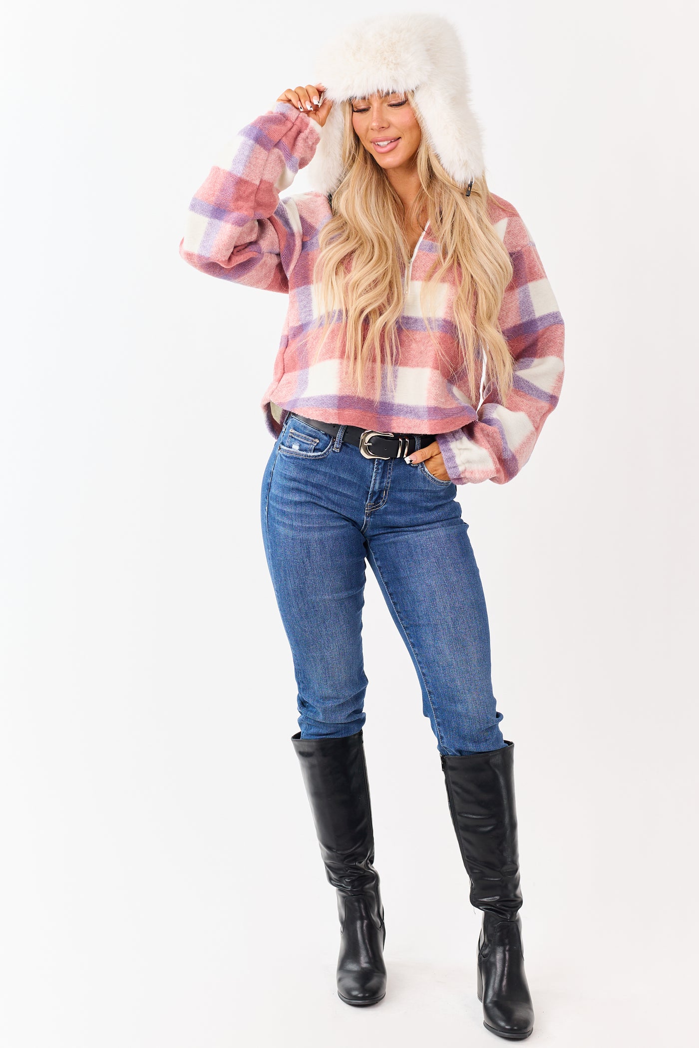 Punch Plaid Half Zip Up Collared Fleece Pullover