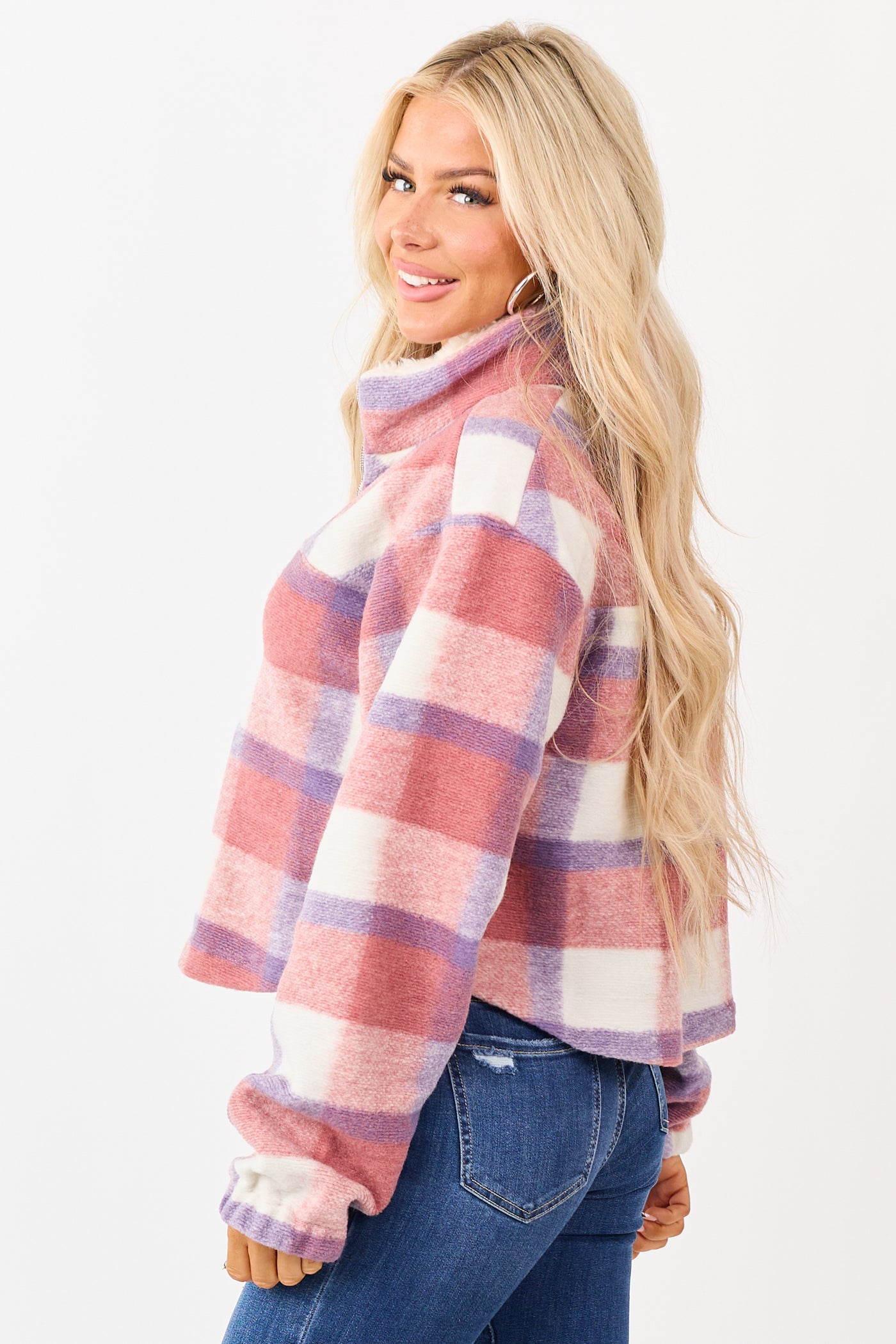 Punch Plaid Half Zip Up Collared Fleece Pullover