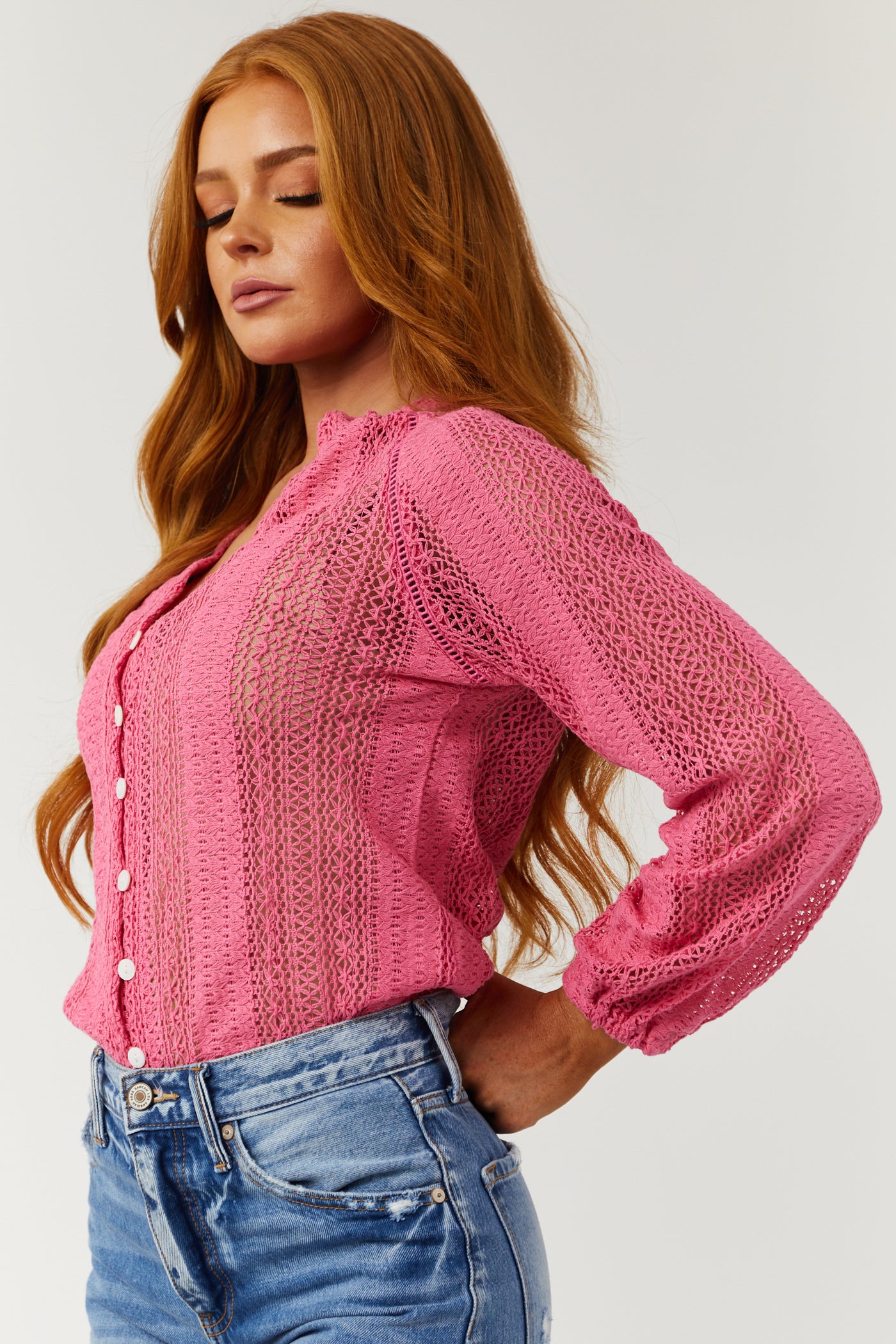 Punch Pointelle Lace Long Sleeve Button Up Top