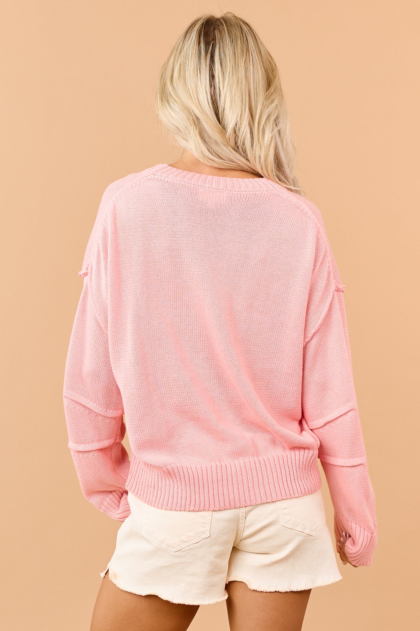 Punch Rib Knit Exposed Seam Long Sleeve Sweater