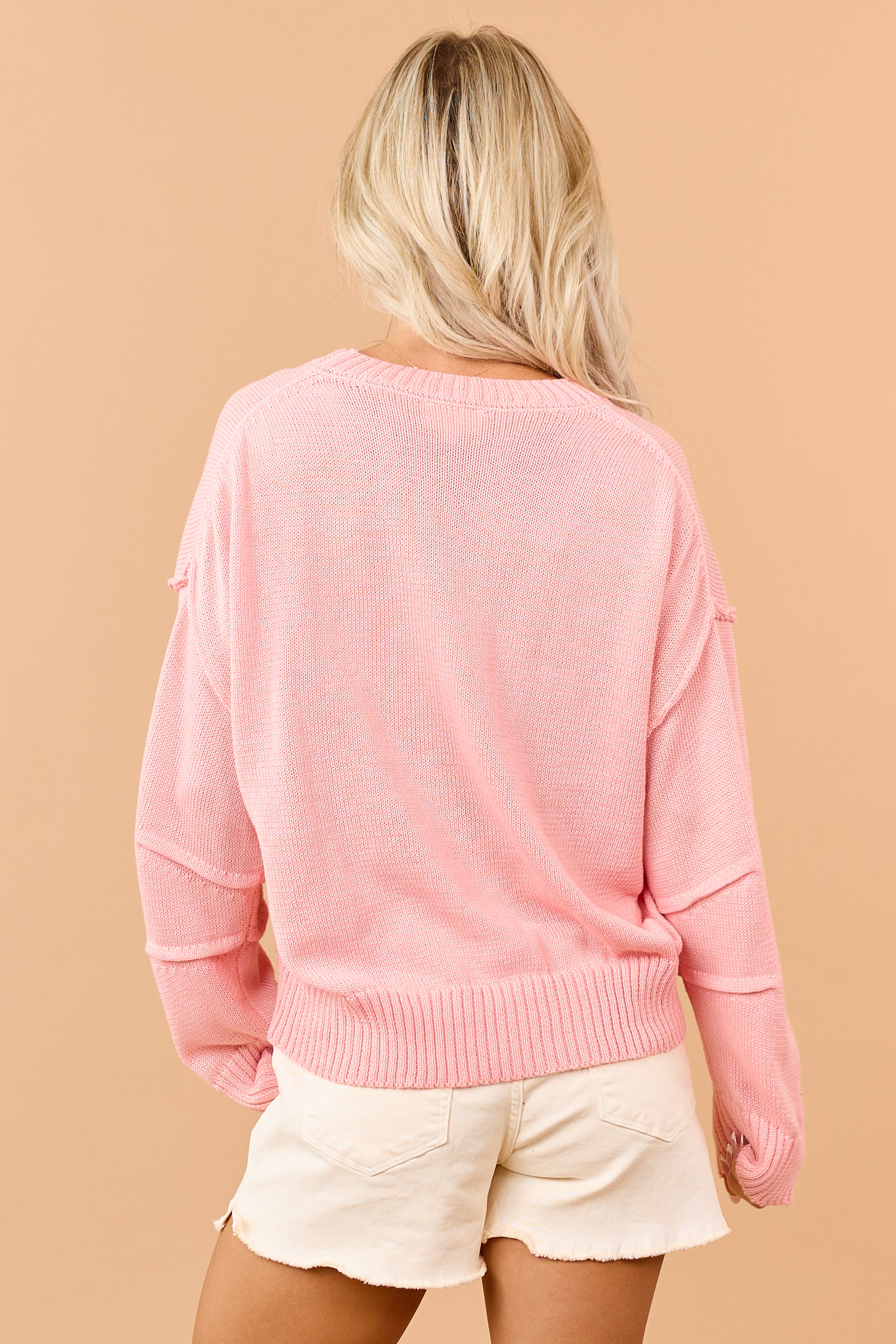Punch Rib Knit Exposed Seam Long Sleeve Sweater
