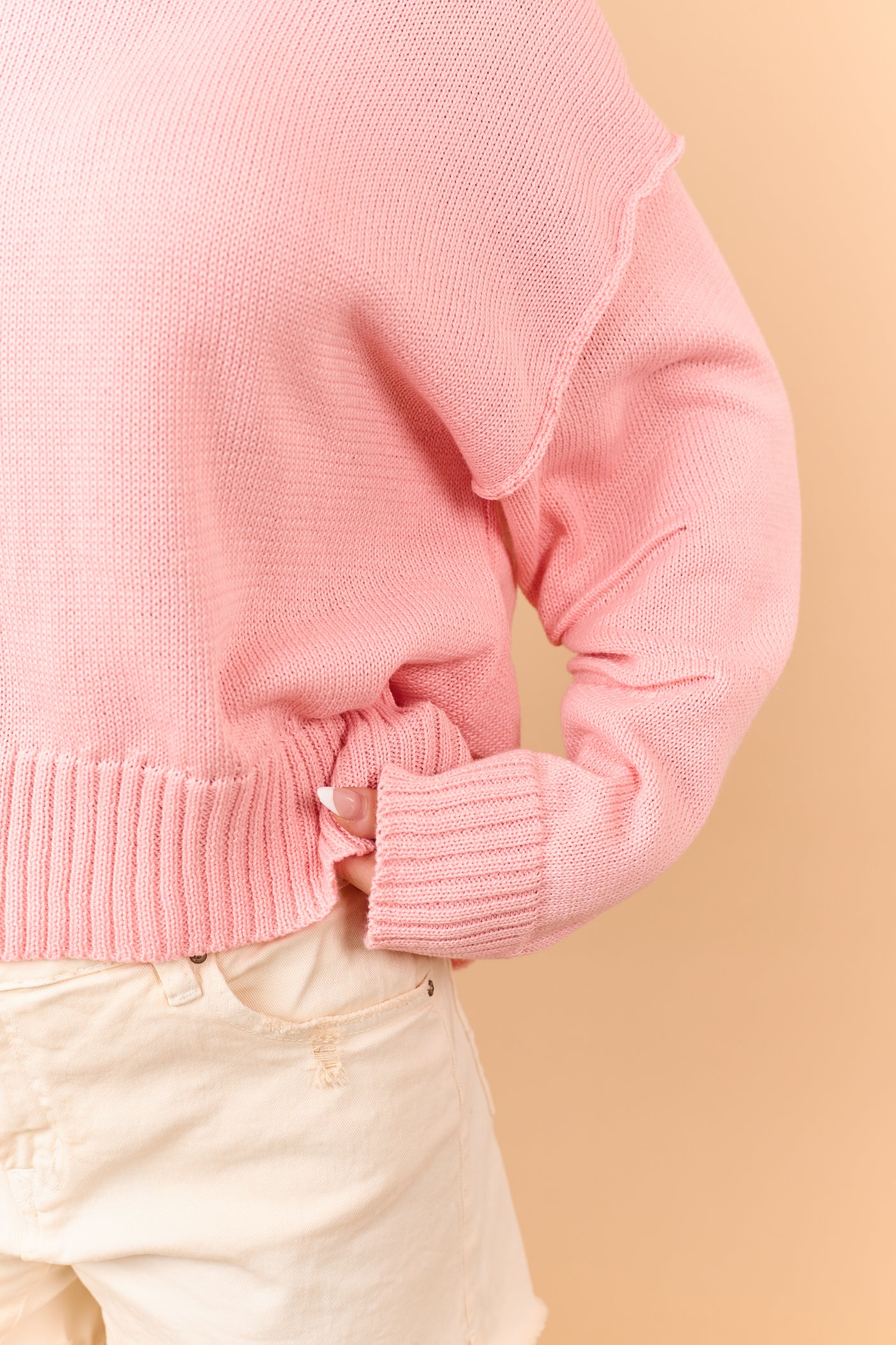 Punch Rib Knit Exposed Seam Long Sleeve Sweater