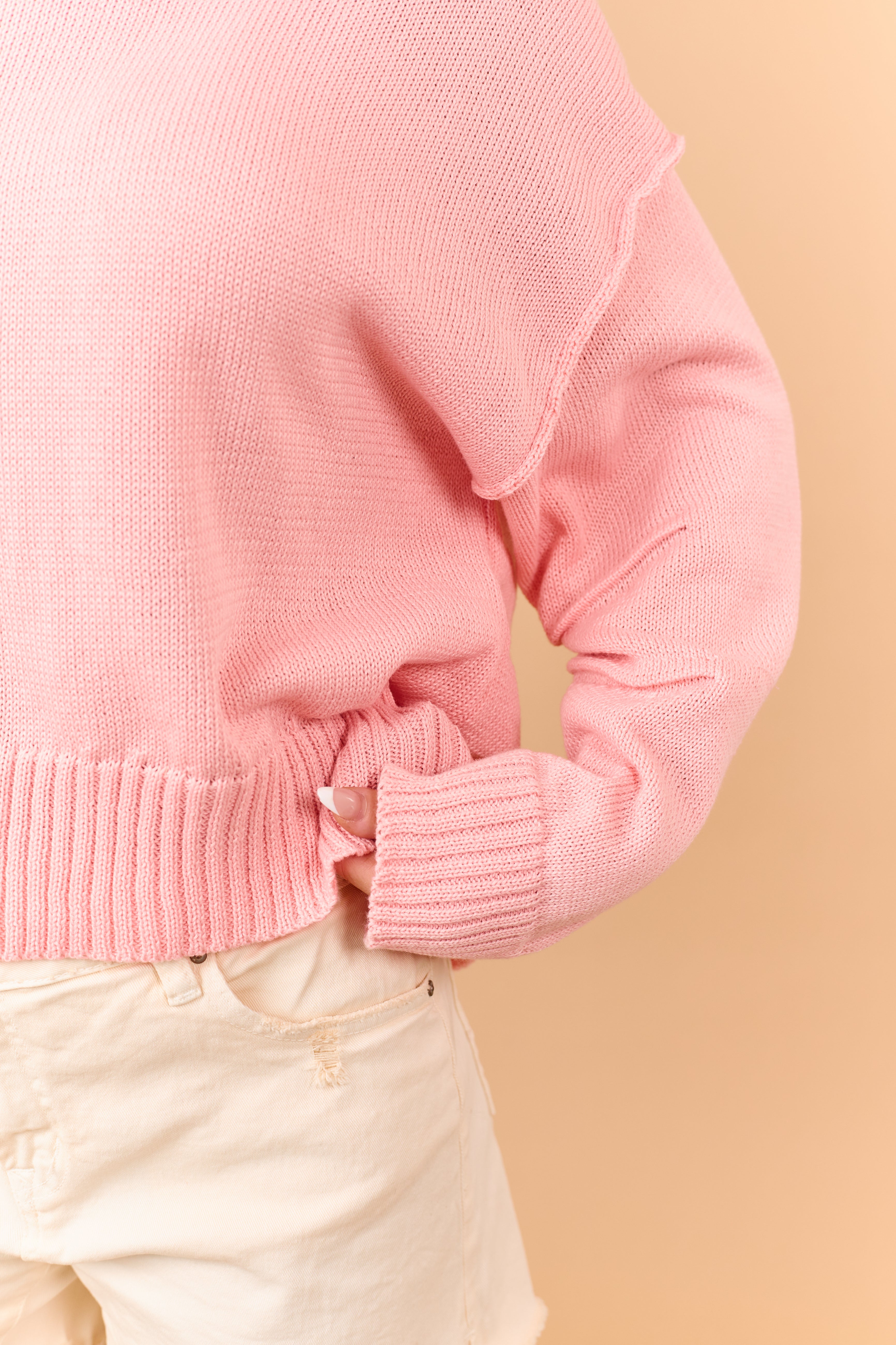 Punch Rib Knit Exposed Seam Long Sleeve Sweater