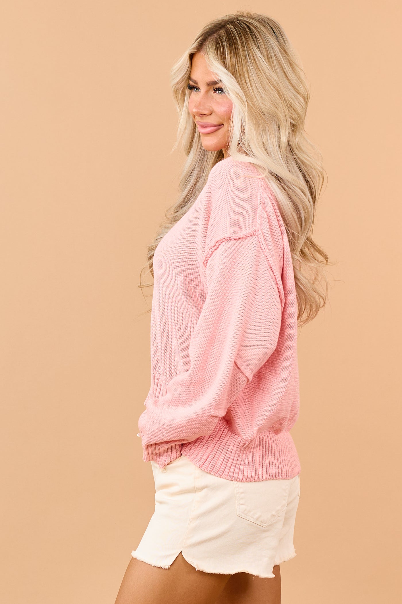 Punch Rib Knit Exposed Seam Long Sleeve Sweater