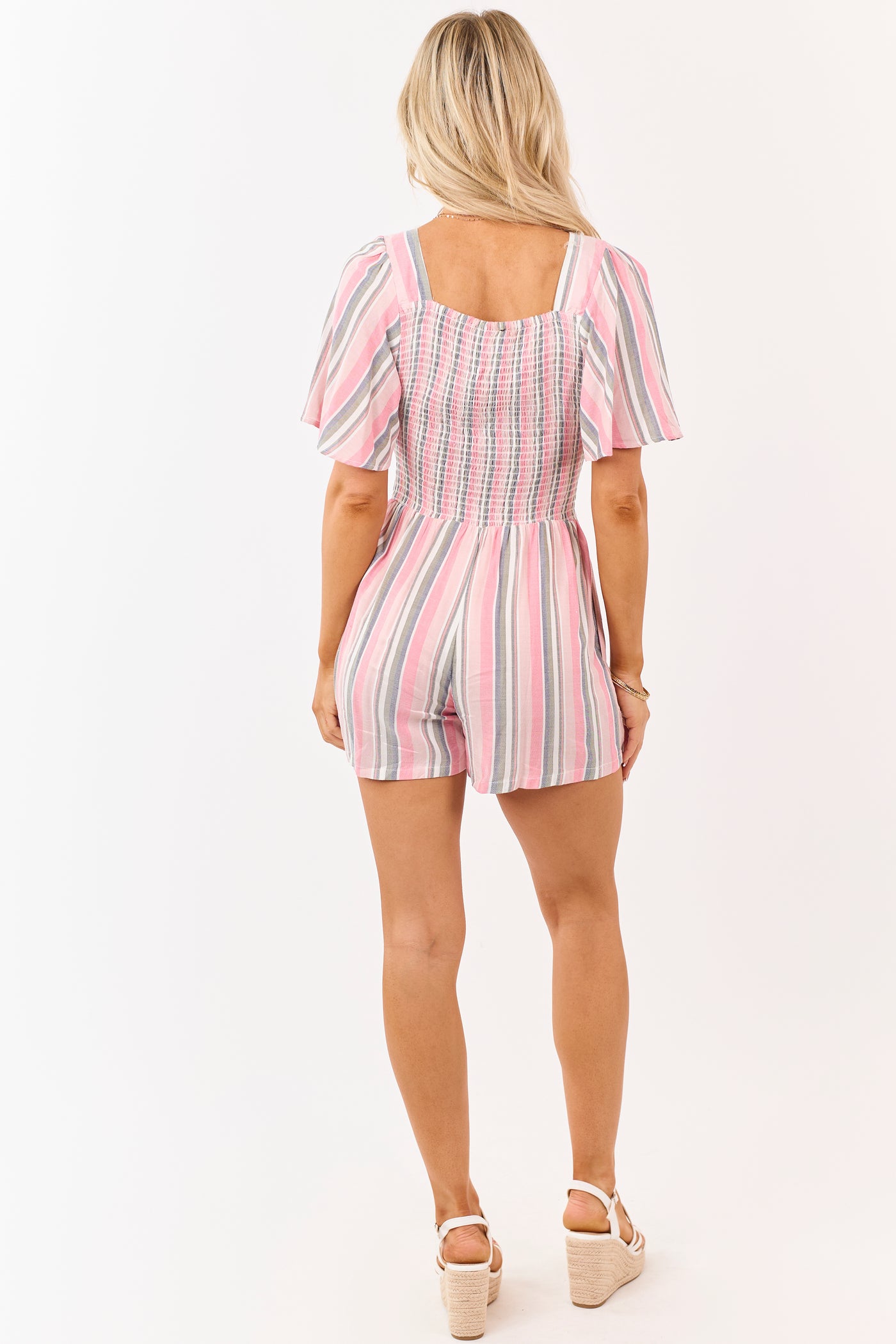 Punch Striped Flutter Sleeve Front Twist Romper