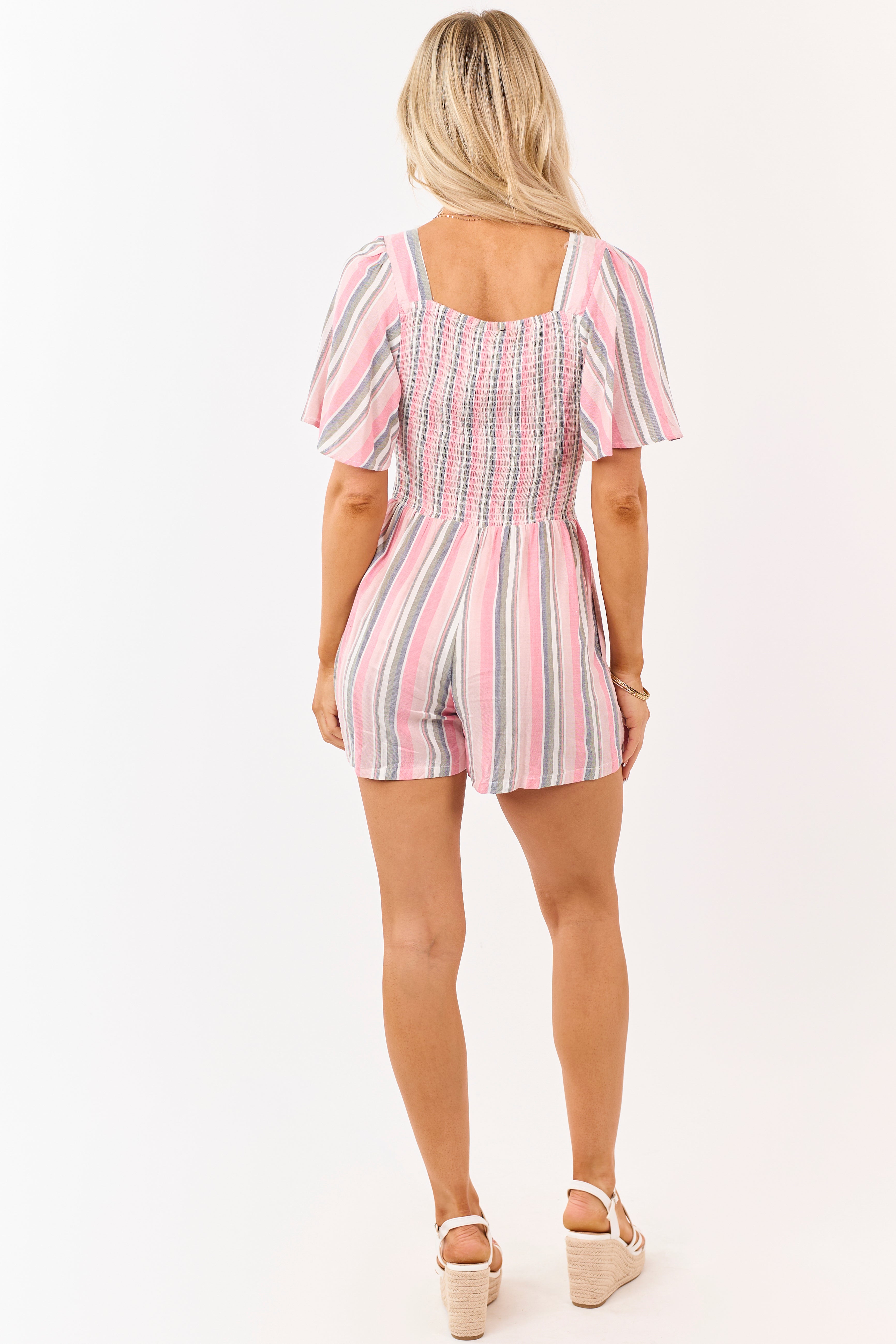 Punch Striped Flutter Sleeve Front Twist Romper
