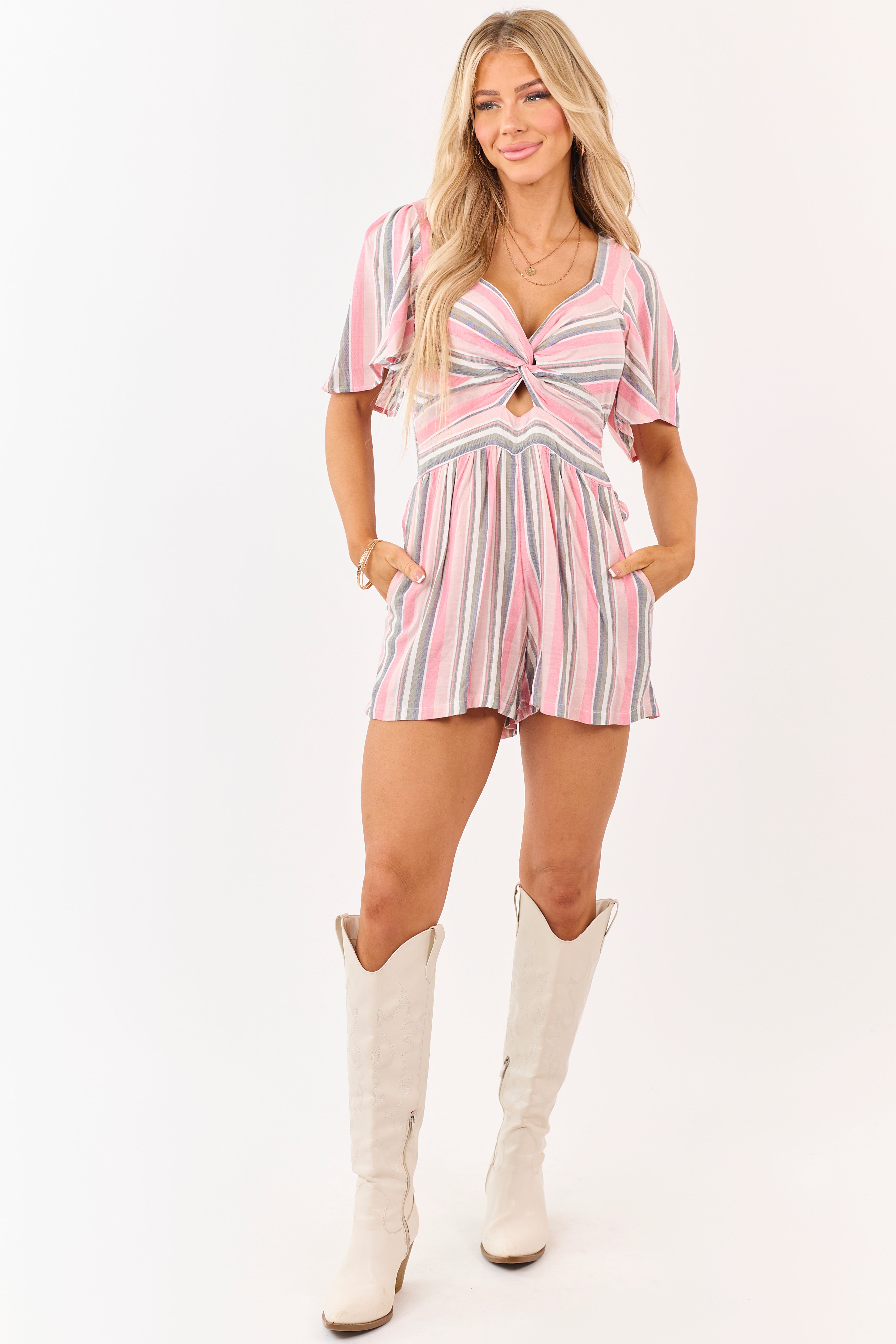 Punch Striped Flutter Sleeve Front Twist Romper