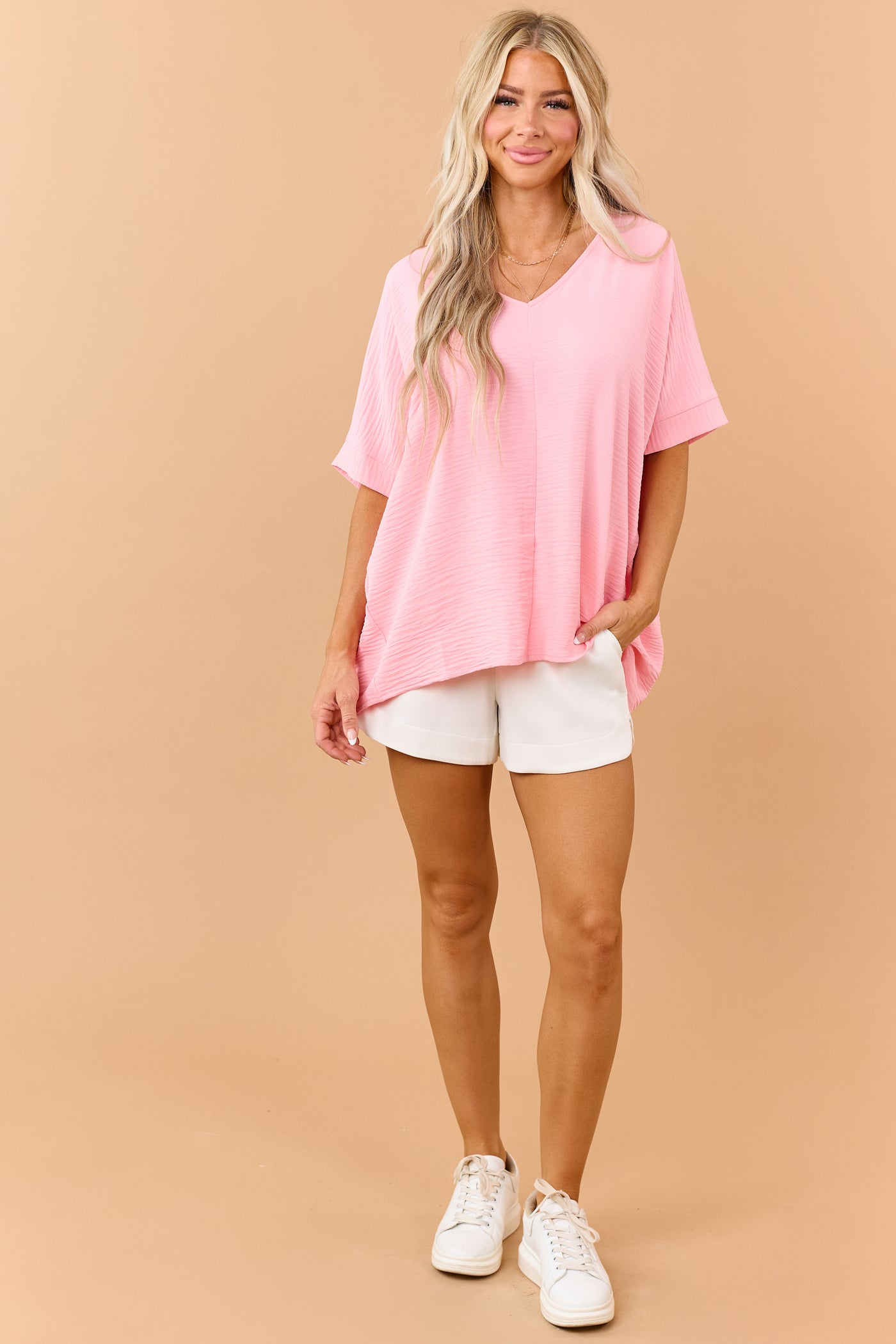 Punch Textured V-Neck Dolman Sleeve Relaxed Top