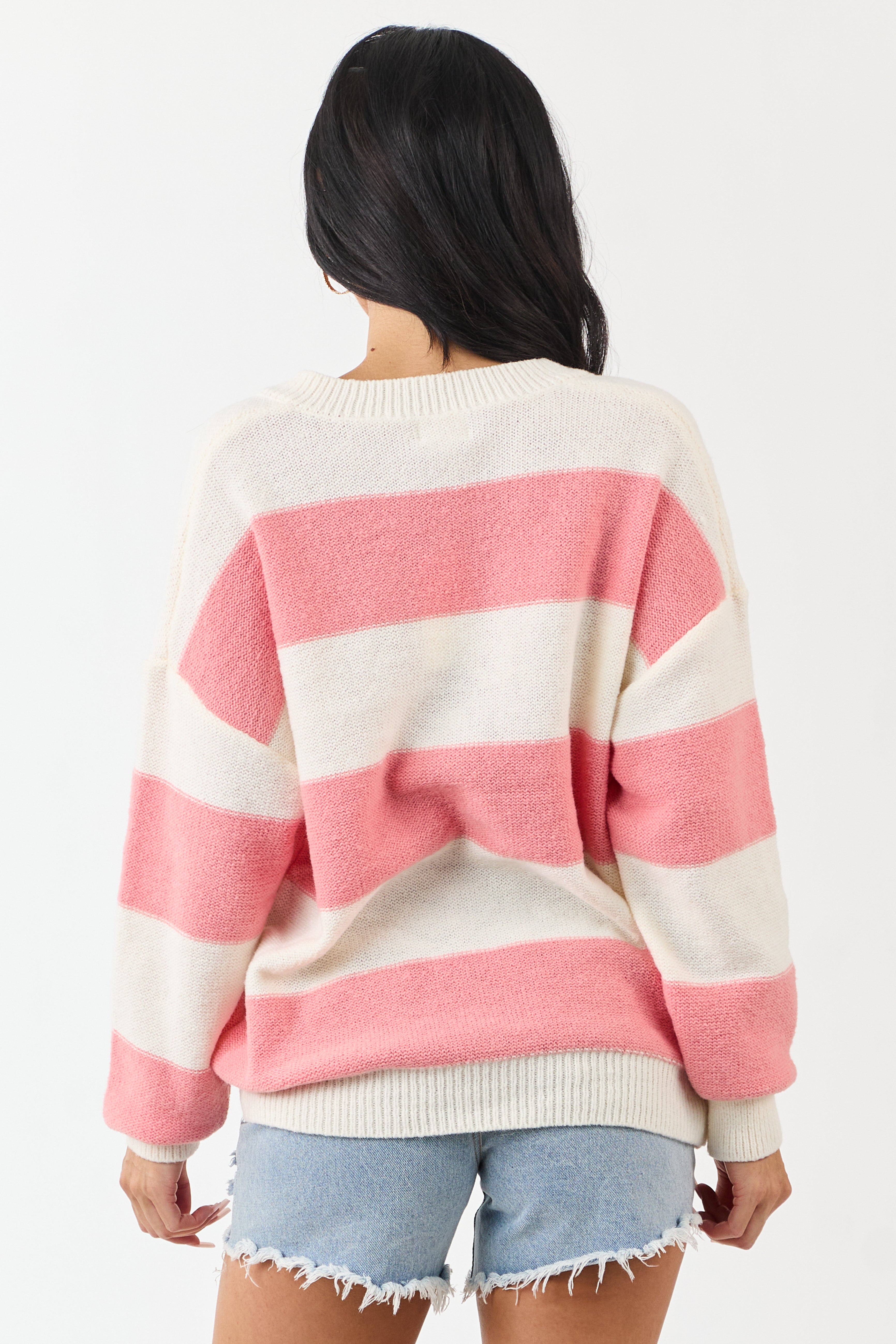 Punch and Cream Thick Stripe Henley Sweater