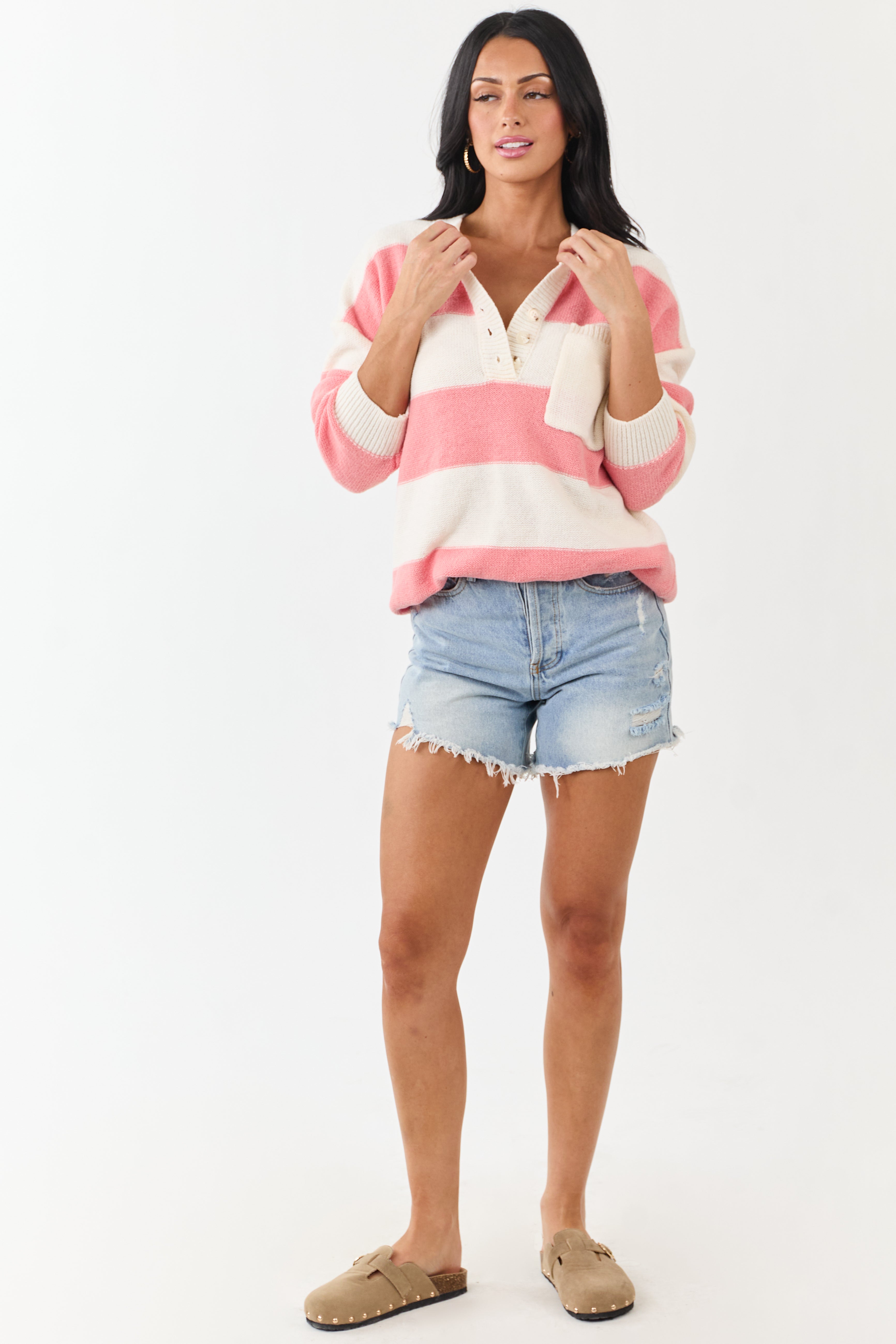 Punch and Cream Thick Stripe Henley Sweater