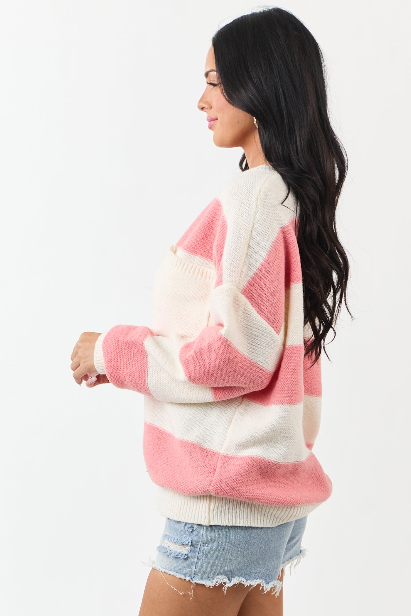 Punch and Cream Thick Stripe Henley Sweater