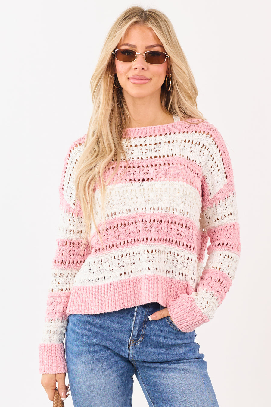 Punch and Ivory Striped Open Knit Sweater