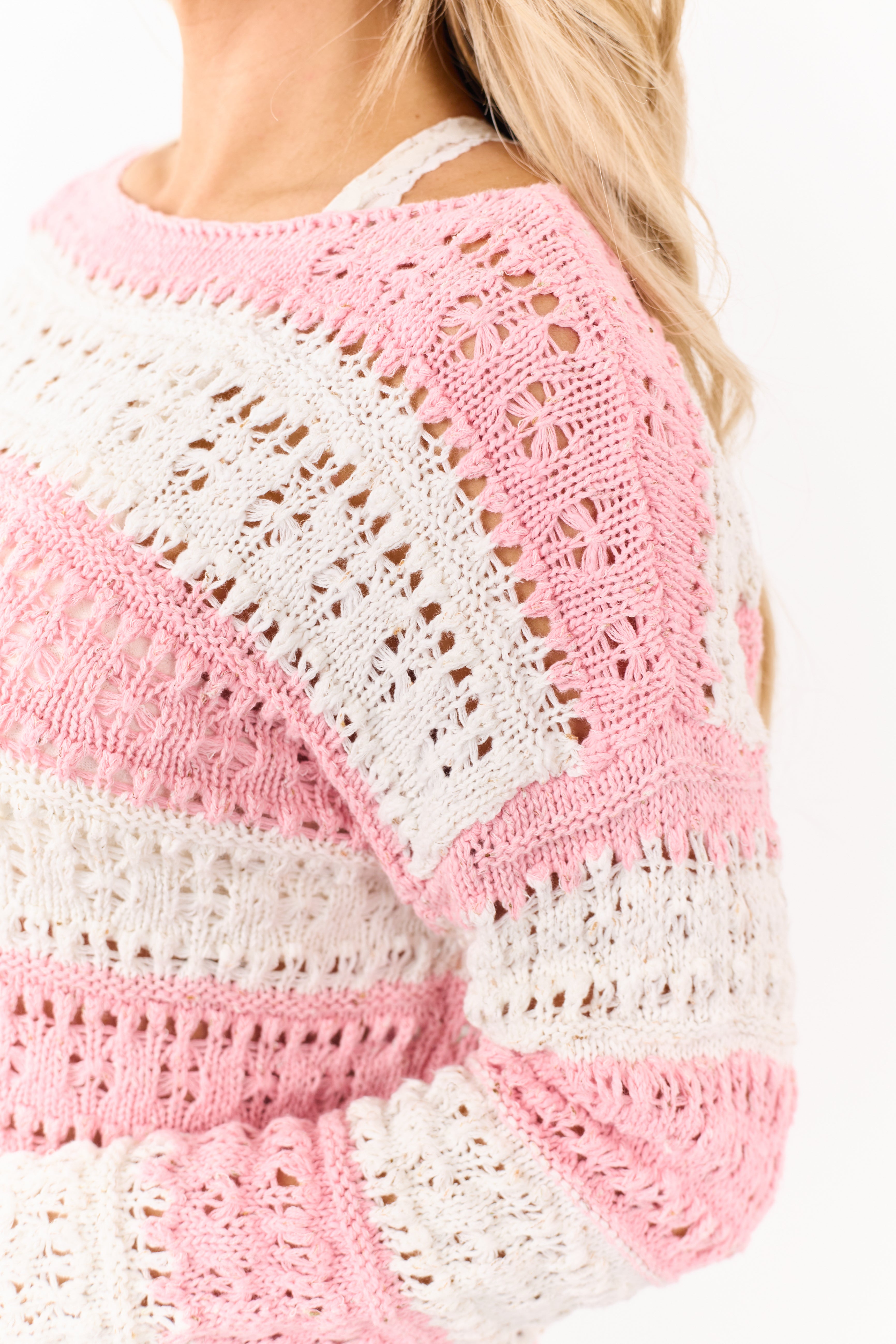 Punch and Ivory Striped Open Knit Sweater