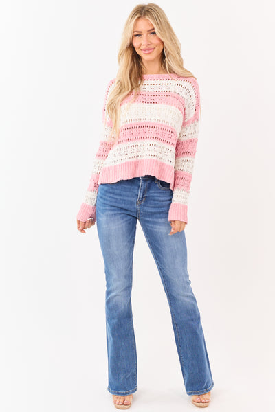 Punch and Ivory Striped Open Knit Sweater