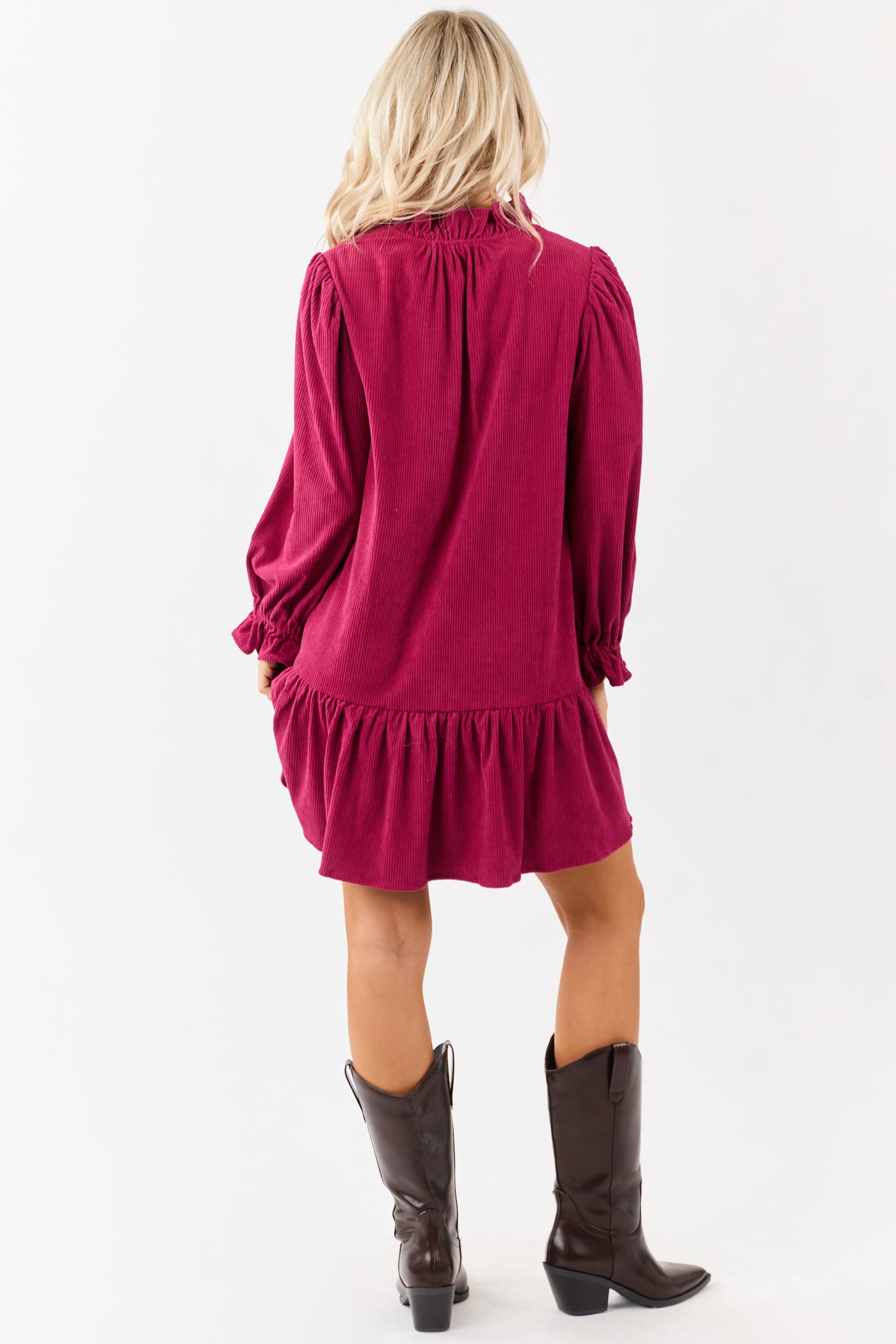 Raspberry Corduroy Button Down Ruffle Mini Dress