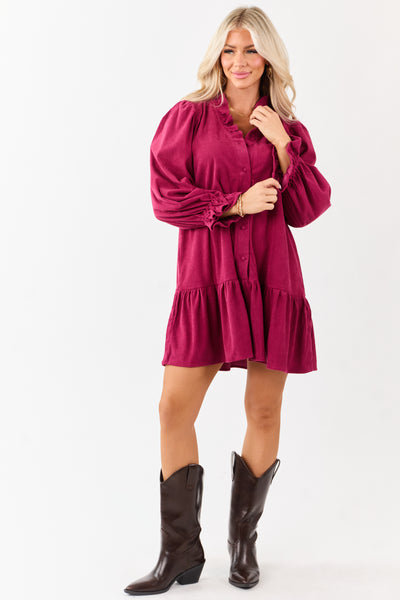 Raspberry Corduroy Button Down Ruffle Mini Dress