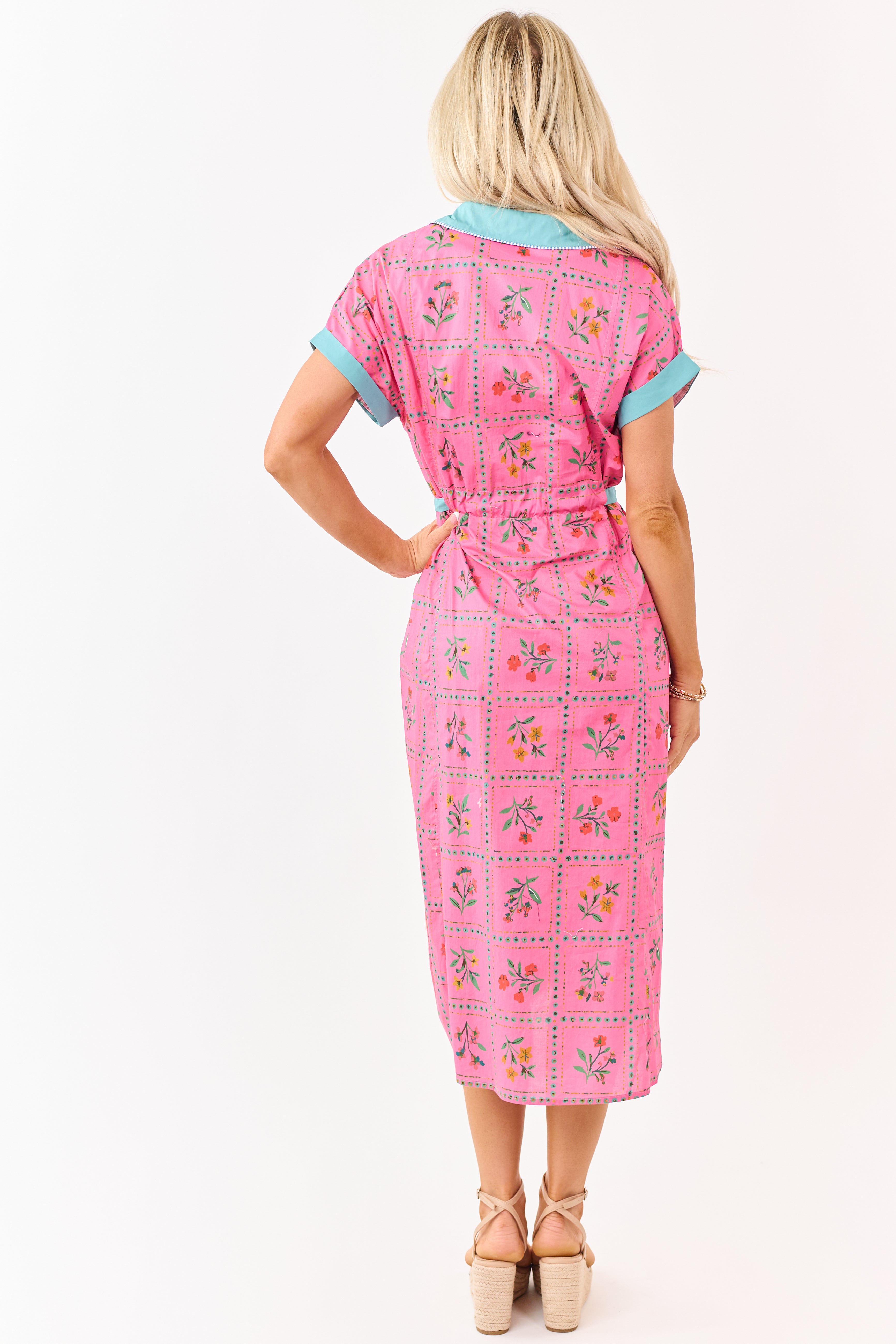 Raspberry Cotton Floral Faux Button Down Midi Dress